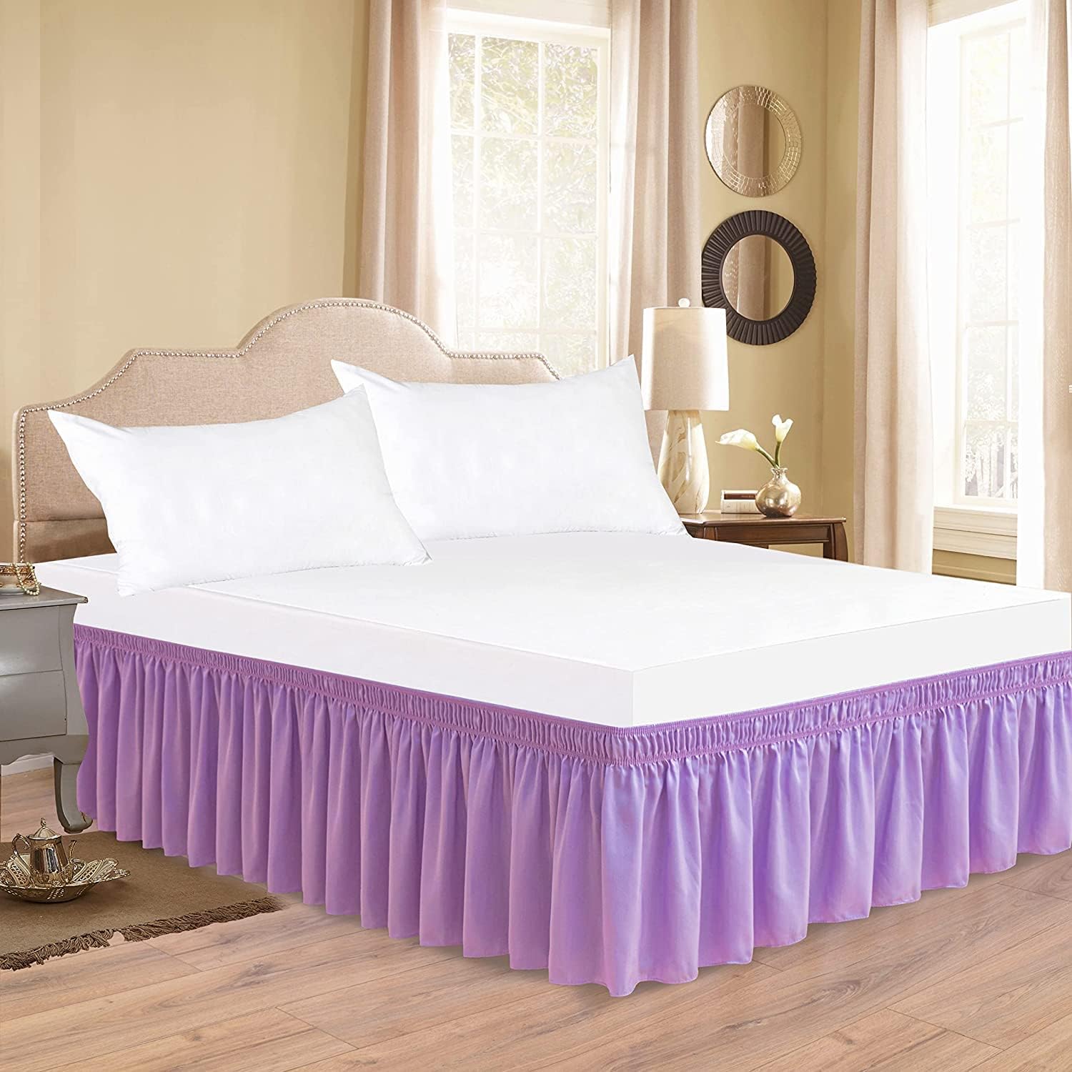 King-Beige Solid Wrap Around Bed Skirt for with Adjustable Elastic Belt, 100% Organic Cotton Dust Ruffles Soft and Silky Easy Fits Up to 24" Drop Length Bed Frame Cover 600 Thread Count