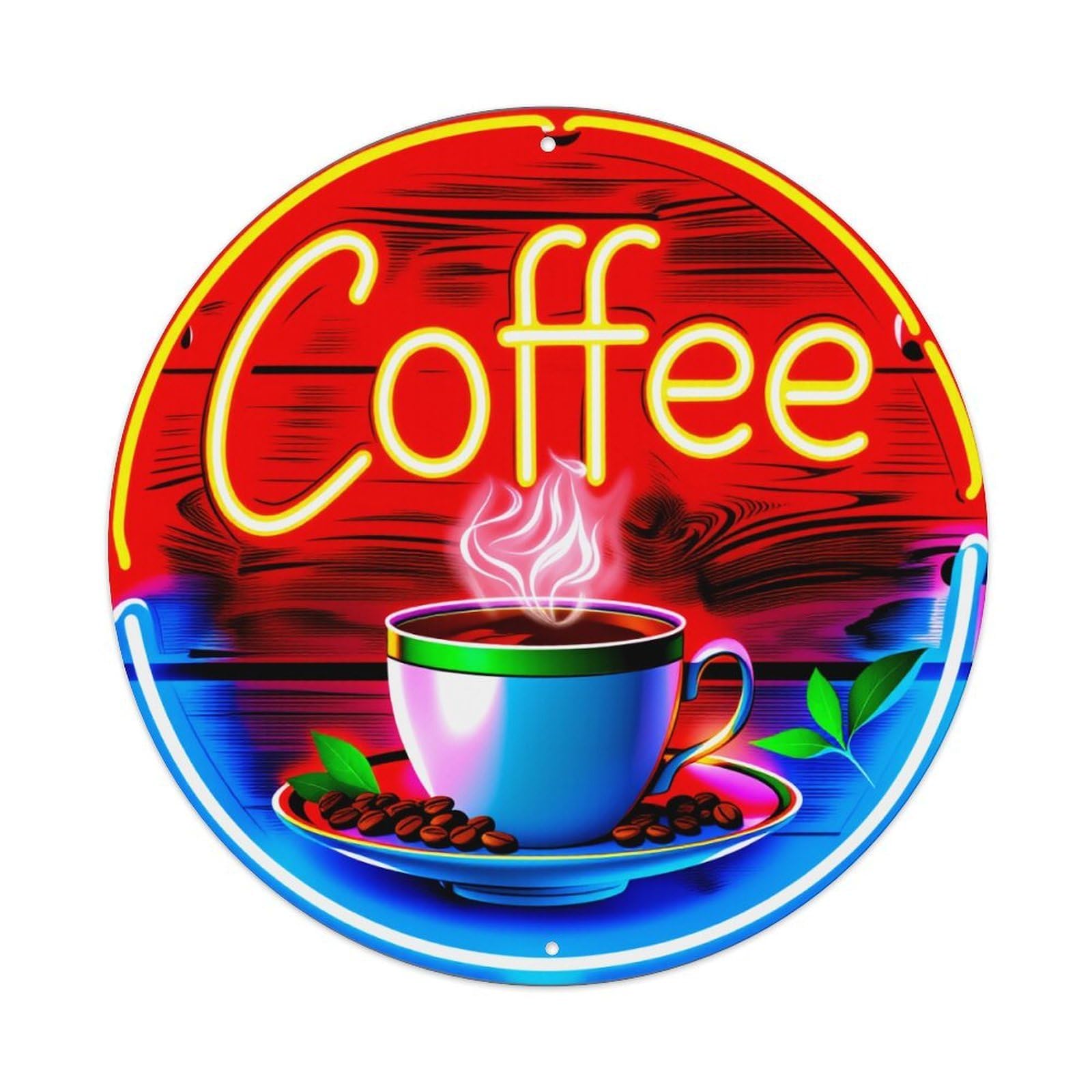 Coffee Cup Steam Beans Leaves Round Tin Sign Vintage Style Metal Sign Home Bar Garden Wall Plaque Decor Metal Poster 8x8 Inch