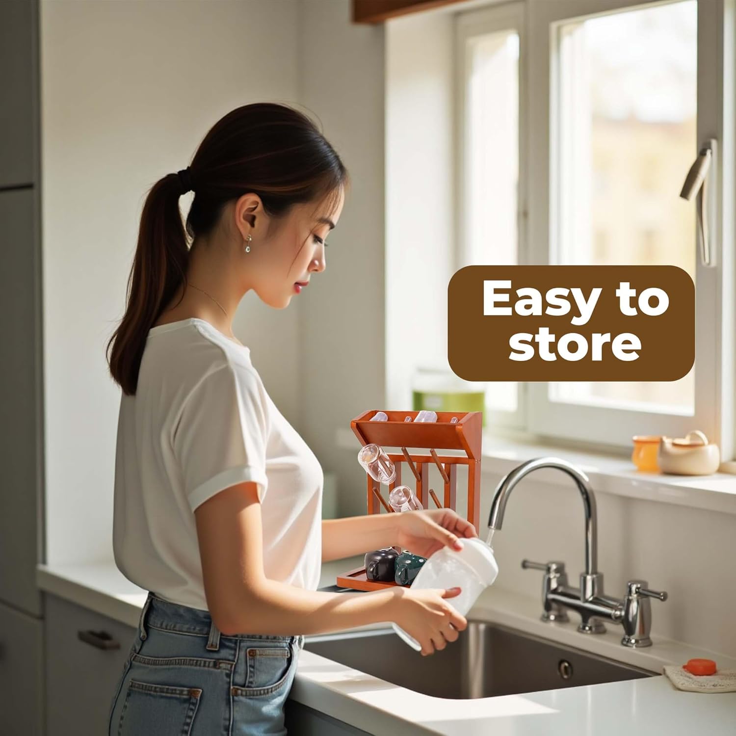 Vertical Rubber Wood Stand, 9-Hook Bottle Drying Rack, for Baby Bottles, Mugs, Glasses | Thread Rack Organizer or Yarn Holder | Kitchen Storage, Sewing Storage Solution, Brown Color