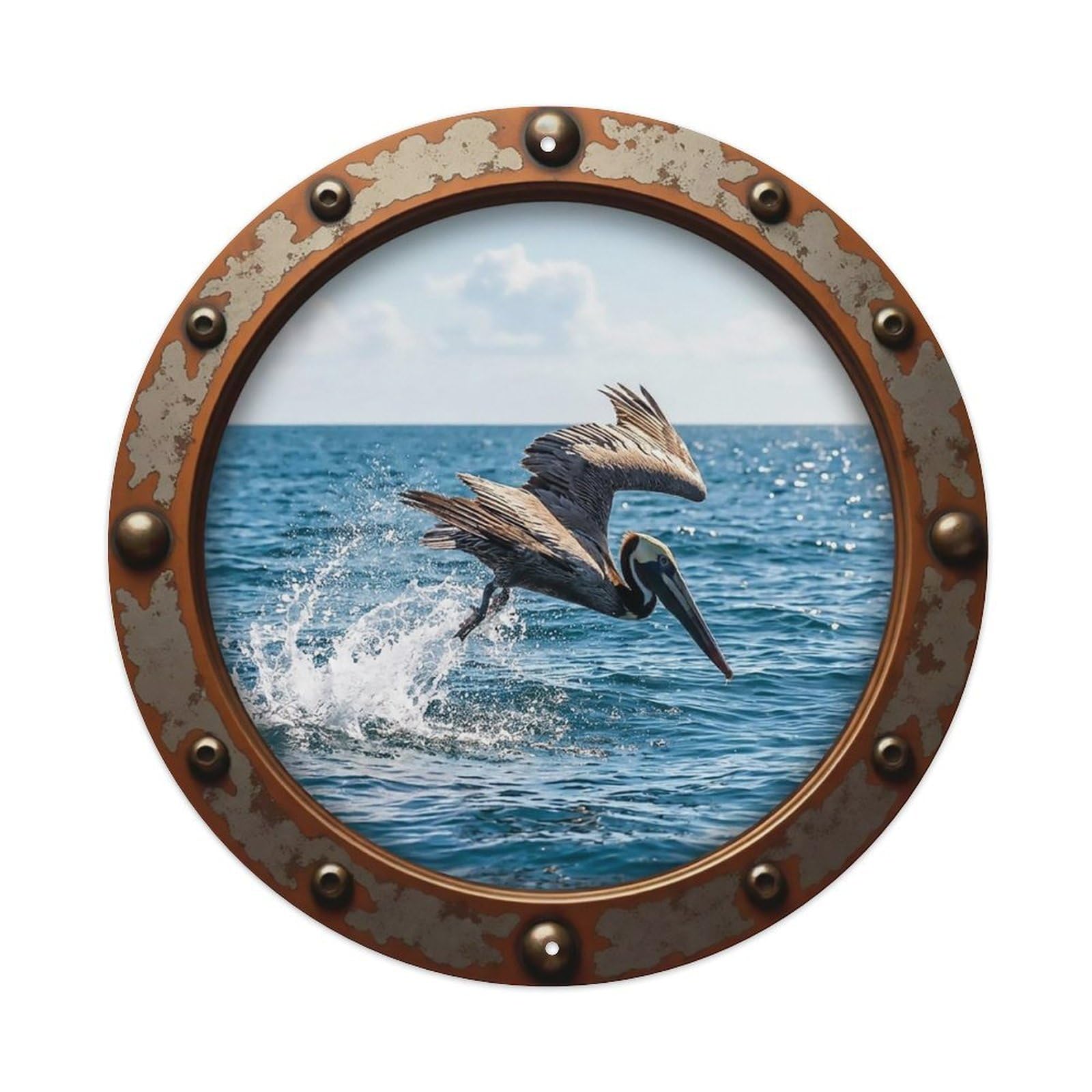 Vintage Porthole Pelican Diving View Metal Tin Sign