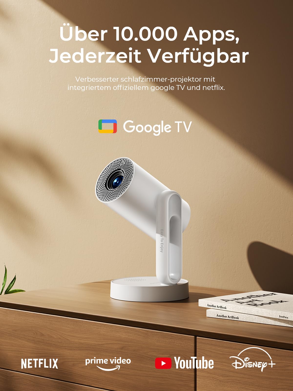 Mini Beamer mit Google TV/Netflix offiziell, ETOE Sternenhimmel-Projektor mit Autofokus/Keystone, FHD 1080P, Sprachsteuerung, Vollständig Geschlossen, 140° Schwenkbar, Nachtlicht für Schlafzimmer