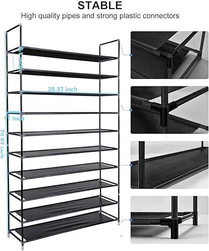 Miniatura 5 de Zapatero de 10 niveles, 50 pares de organizador de almacenamiento de zapatos, armario de torre de tela no tejida, perfecto para dormitorio, armario,