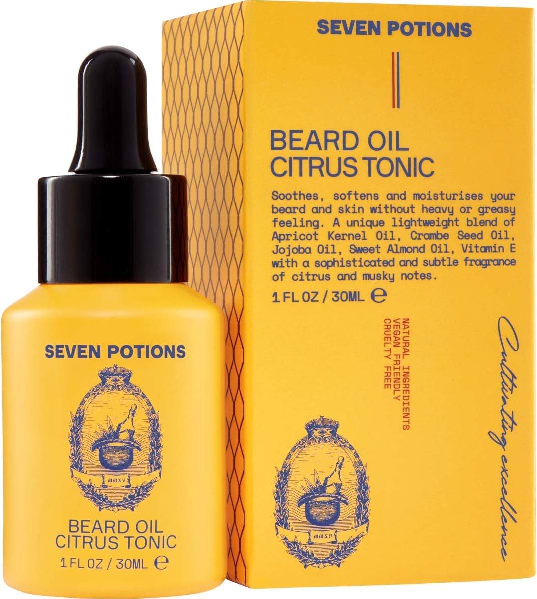 SEVEN POTIONS Natural Beard Oil for Men 1 FL OZ / 30ml — Fresh & Citrus Beard Softener & Conditioner — Vegan Conditioning Oil That Helps Prevent Itch & Dandruff (Citrus Tonic)