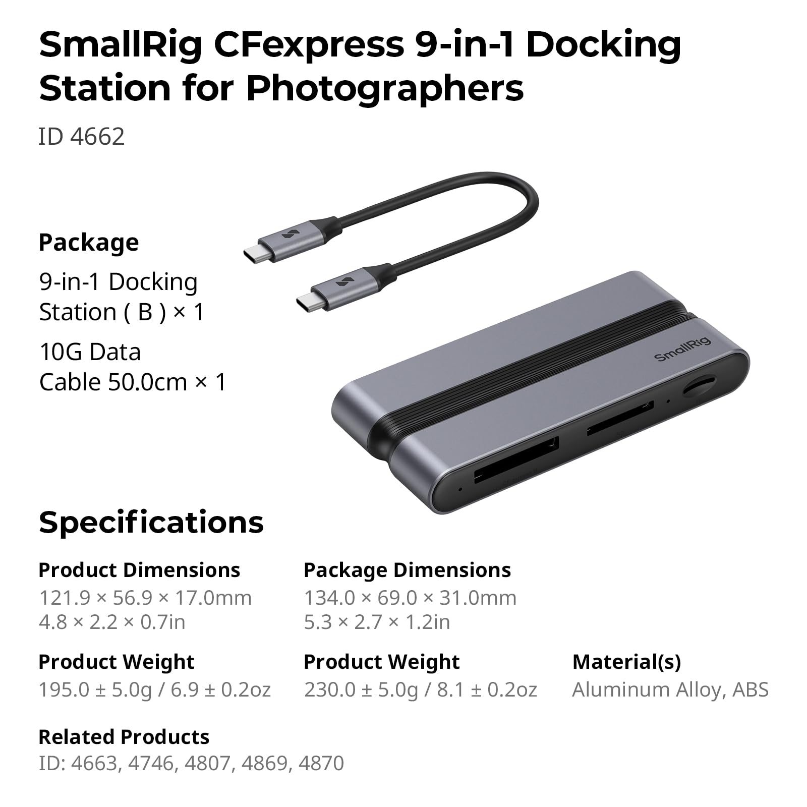 SMALLRIG 9 in 1 CFexpress Type B Card Reader Docking Station con USB3.2 (Gen 2) 10 Gbps, Lettori SD/TF/CFexpress Type B, Porte USB-A/USB-C/HDMI/Gigabit Ethernet, per iPhone per Mac - 4662