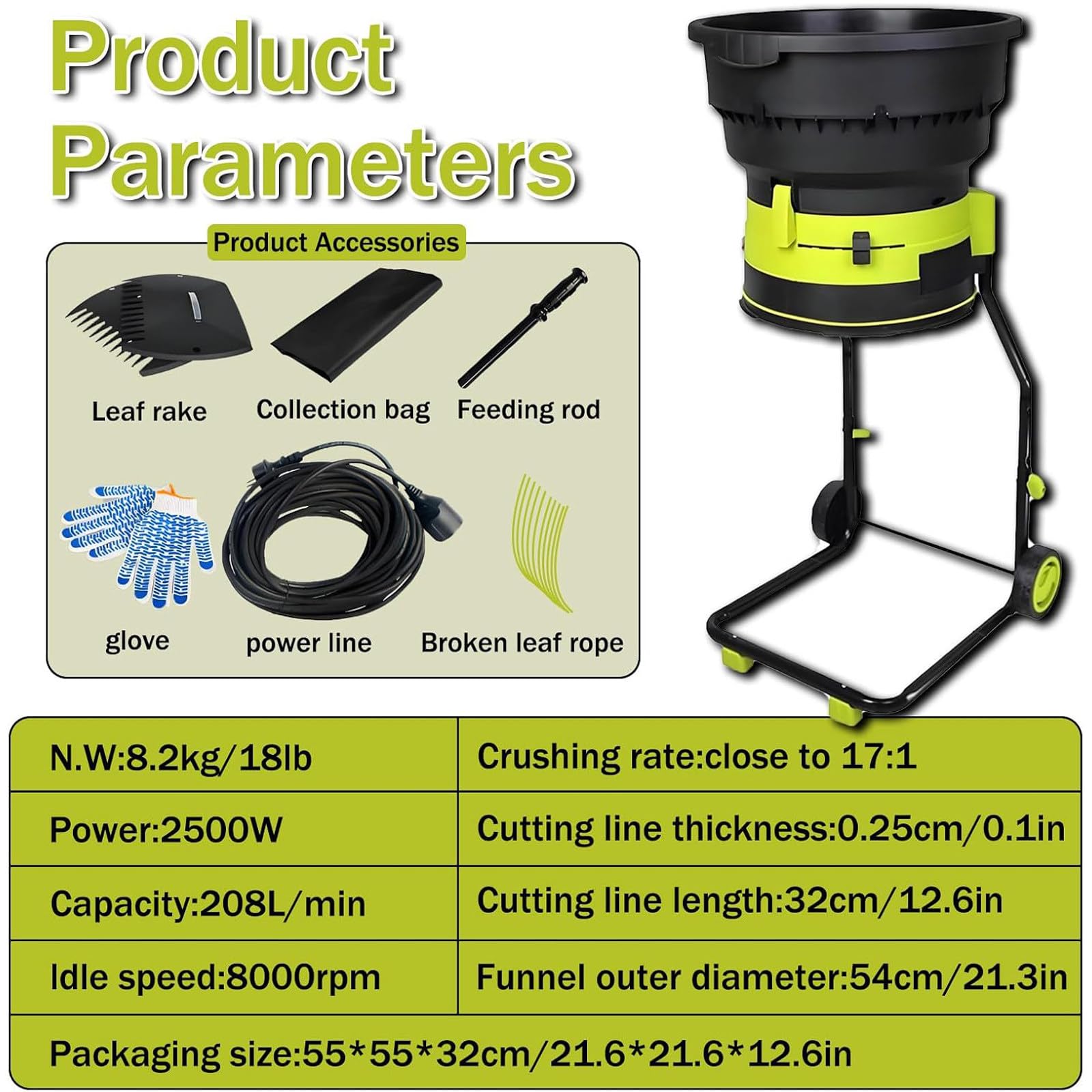 Trituradora eléctrica de hojas de 2500 W para limpieza de jardín, trituradora de 8000 rpm, herramienta de compostaje, incluye bolsa de almacenamiento para triturar hojas, hierba seca, escombros