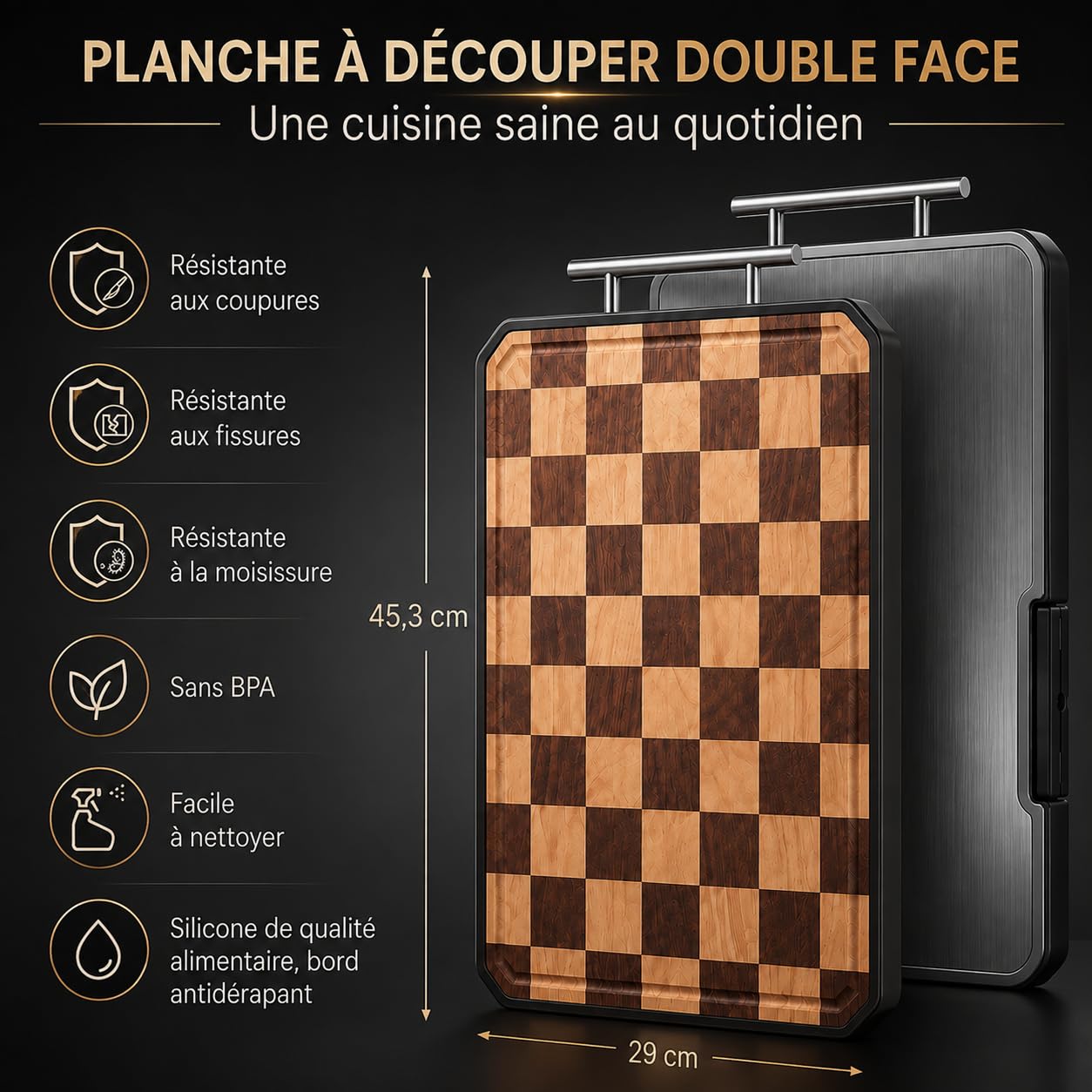 Planche à découper en titane et Bois d'Acacia Double Face
