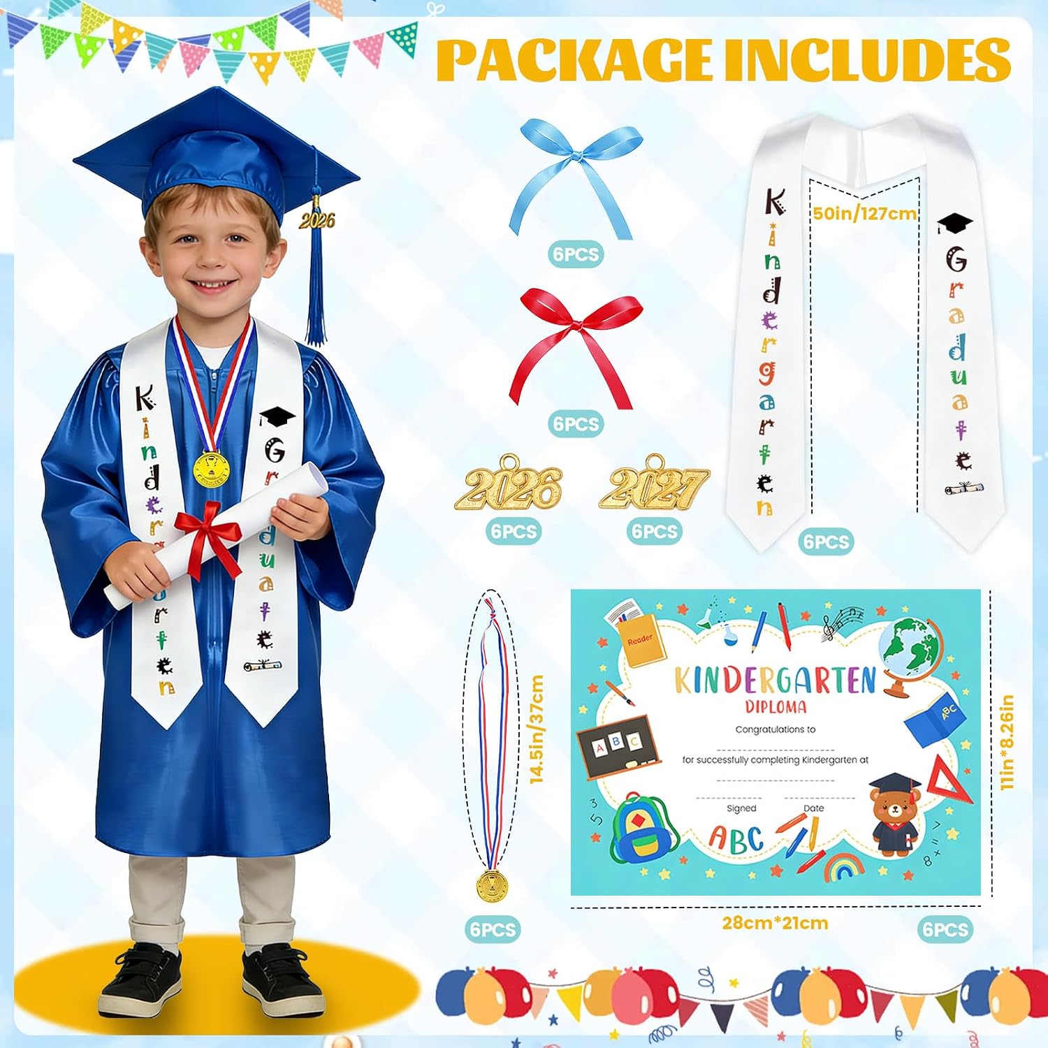 56 Pcs Kindergarten Graduation Cap and Gown - Preschool Graduation Cap and Gown Set with Tassel Stole 2026 & 2027 Charms