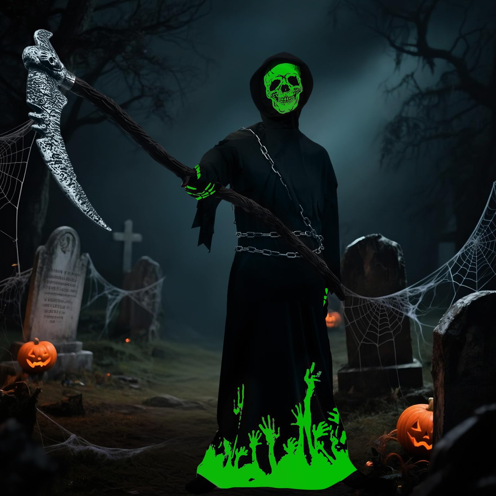 Kostium Grim Reaper dla dzieci z kosą i łańcuszkiem w talii, Deluxe Glow in The Dark Halloween kostium chłopca ponury żniwiarz Grim Reaper kostium na Halloween, karnawał, fantazyjny strój