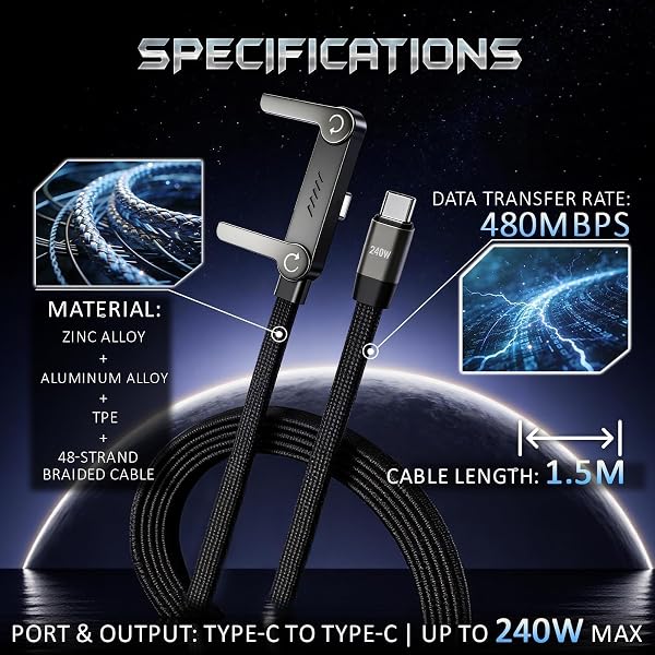 nnOuOnn Invisible Foldable Holder Charger Cable with Stand, 240w Fast Charging Stand Sideways Data Cables with Bendphone Accessories, Flat USB c 5 FT/150cm, for iPhone 17 Series, S25 S24 Ultra - 2