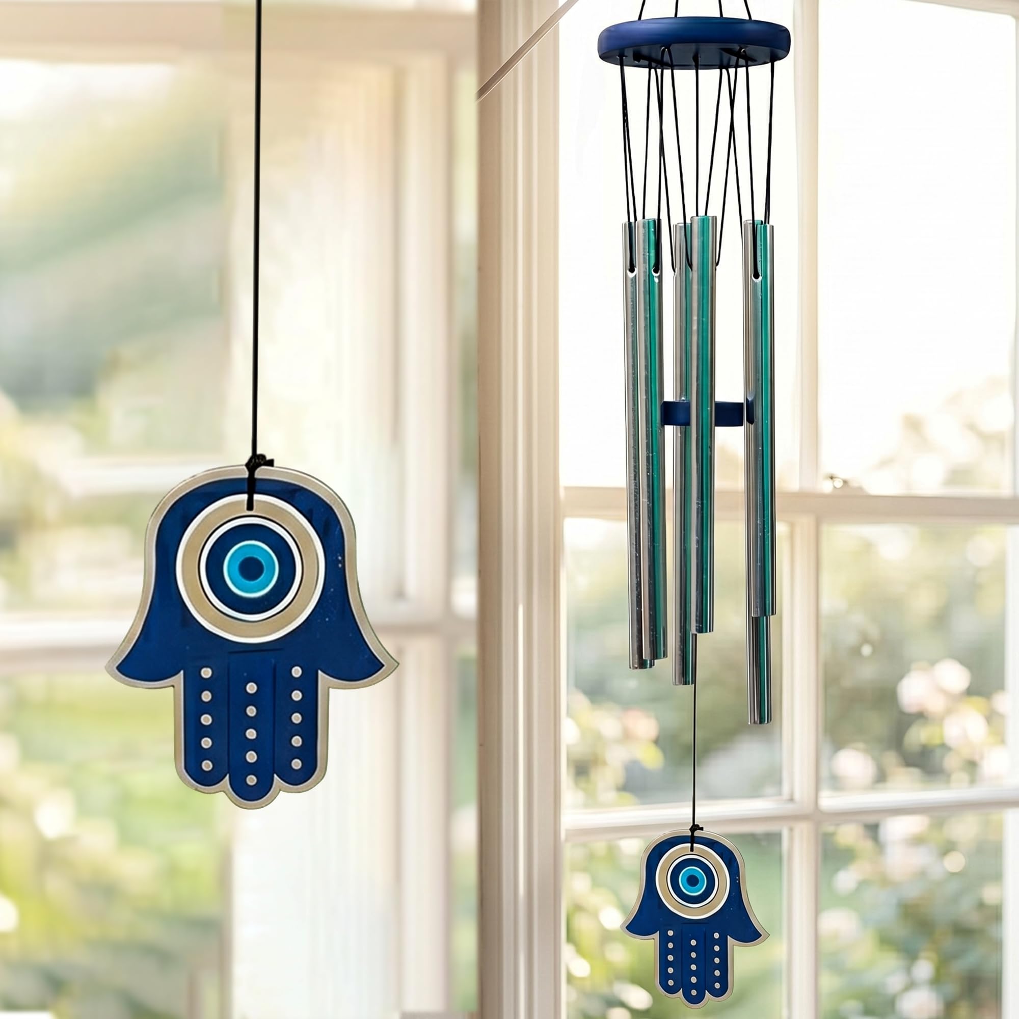 Amazon Basics Premium Aluminium Evil Eye Wind Chimes for Home, Balcony & Garden |Soothing Melodic Sound | Decorative Hanging Gift | Color: Silver | Material: Aluminum | Size: 65L x 9 W x 9H cms-image-16