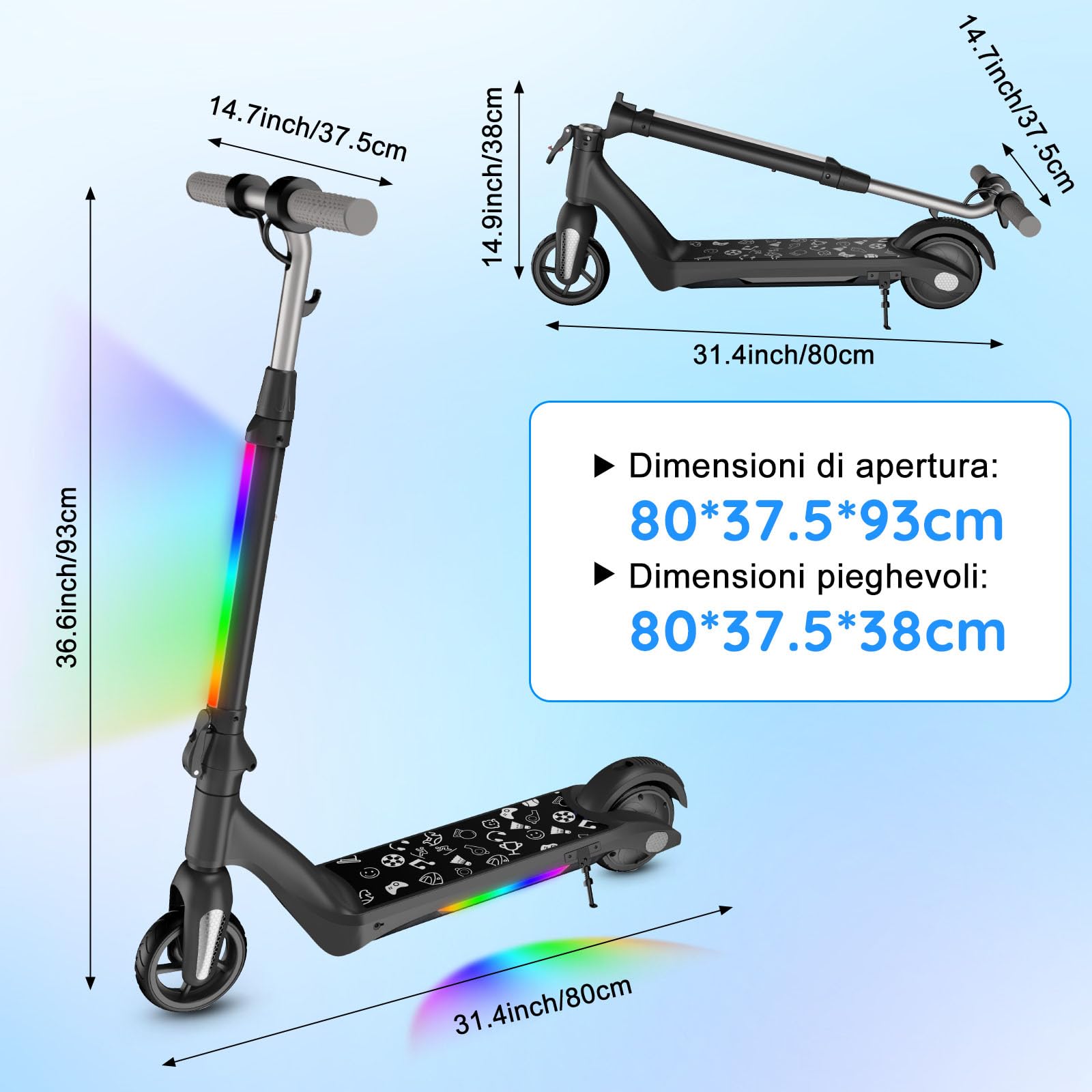 Monopattino elettrico per bambini 6-12 anni, motore 80W, autonomia 8 km, capacità 50 kg, pieghevole con display LED e luci arcobaleno, velocità regolabili, regalo per bambini