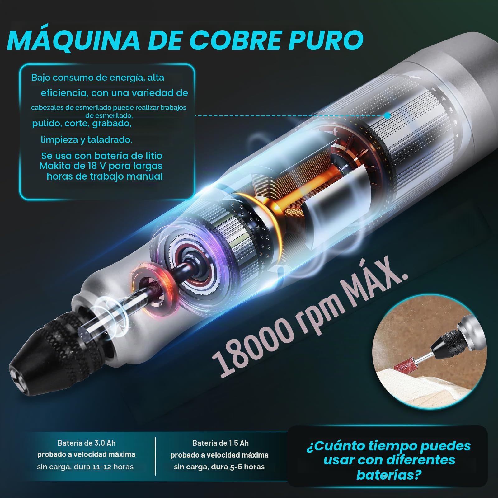 Estación de Herramienta Rotativa a Batería para Makita 18V (sin Bat.) | 0-18000 rpm, herramienta de afilado y grabado, velocidad variable, con 124 accesorios, para lijar, grabar y pulir