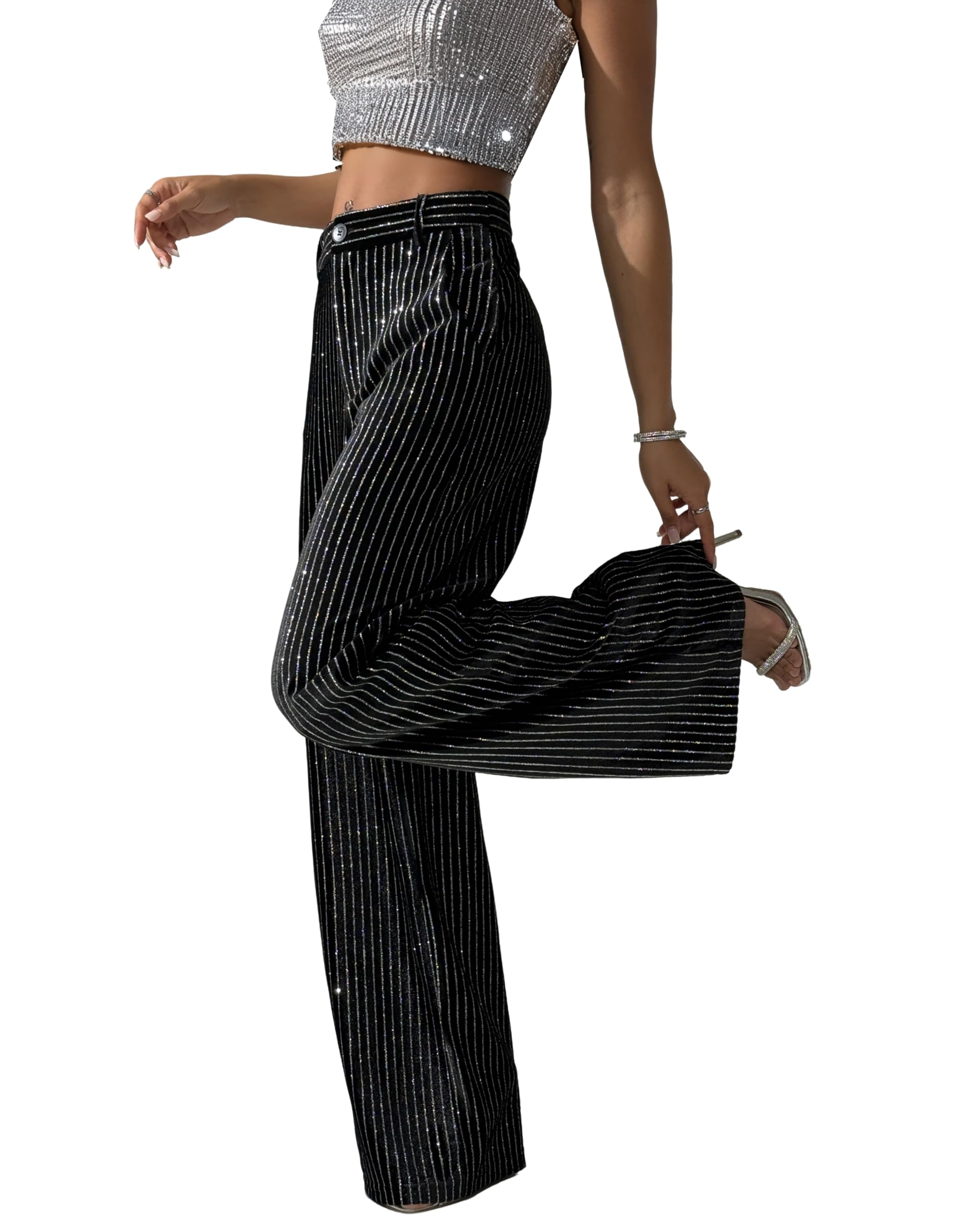 Pantaloni da donna a righe in velluto con strass per autunno spessi pantaloni a gamba larga luccicanti glitter party clubwear
