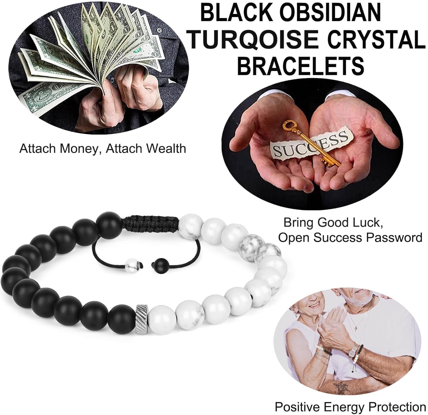 Black Obsidian White Stone Protection Bracelets, Black Obsidian Agate Men Women Crystal Bead Bracelet for Courage, Money Wealth Prosperity Handmade Good Luck Energy White Quartz Stone Bracelets - Image 3