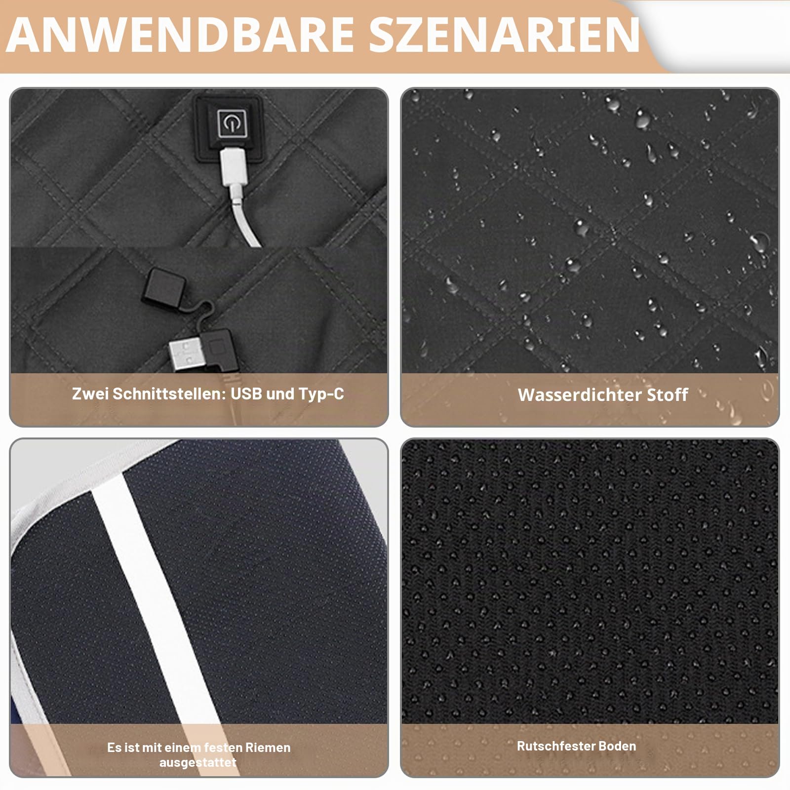 GAOUTO Beheizbare Sitzkissen, Usb Sitzkissen Beheizbar, 45 x 90 cm Ultraweich Heizkissen Bürostuhl mit 3 Heizstufen, Tragebar USB 5V Beheiztes Kissen für Bürostühle, Zuhause, Camping (Schwarz)