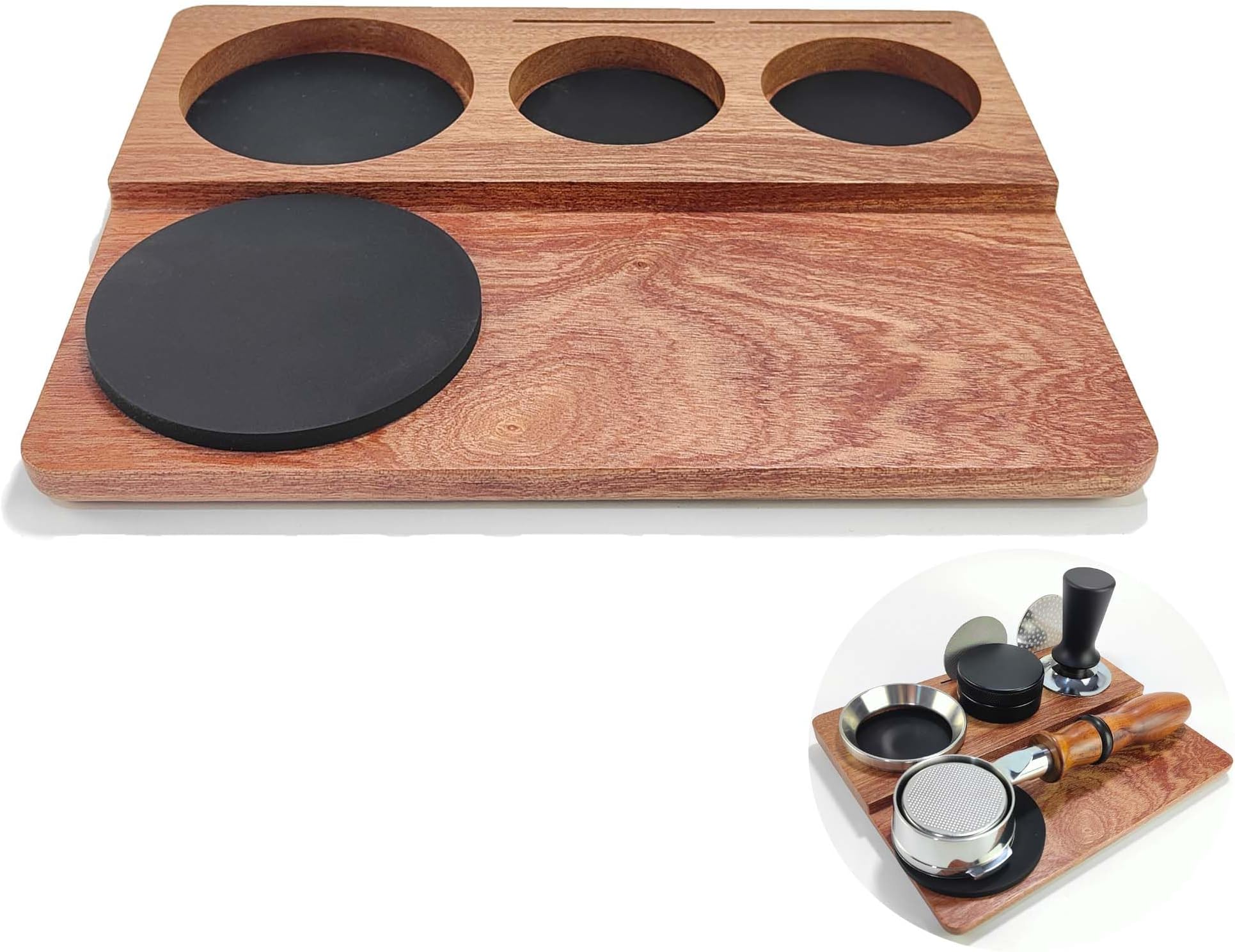 Juedawyal Natural Walnut Espresso Tamping Mat Wooden Espresso Tamping Station for 51/54/58mm Portafilter,Coffee Tamper Mat with Non-Slip Silicone,Home Kitchen Bar Coffee Shop Espresso Accessories
