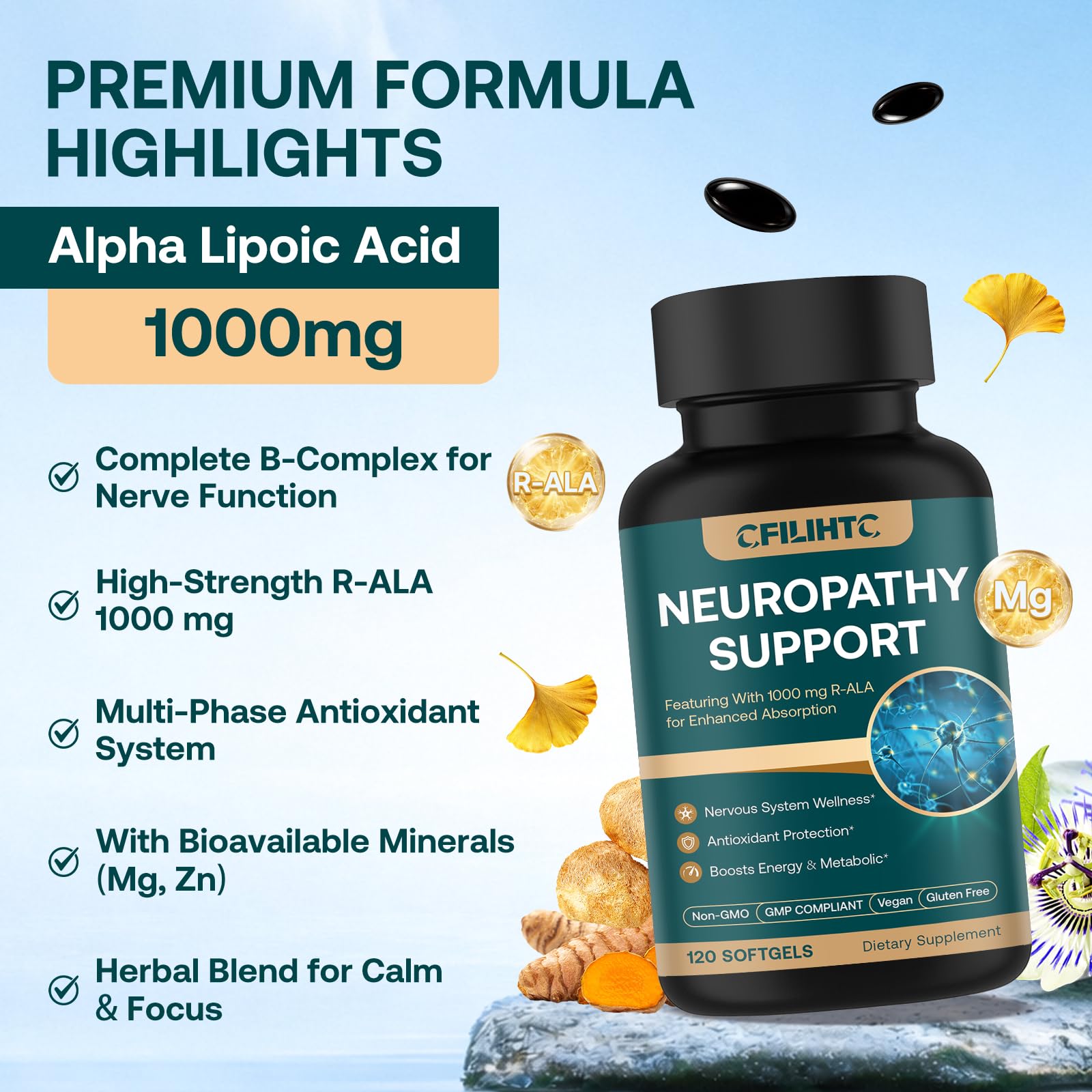 Neuropathy Support Nerve Supplement – Advanced R-Alpha Lipoic Acid Supplement with Benfotiamine, NAC & B-Complex for Nerve Health, Antioxidant & Cellular Energy - Vegan 120 Softgels — Amazon image 6