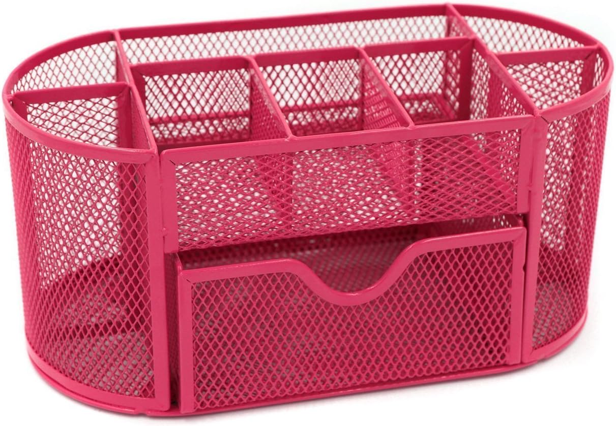 Mesh Desk Organizer Set - OREILI Office Tidy Organizer Desk Caddy Drawer Multi - functional with Pen Holder Collection (Pink)
