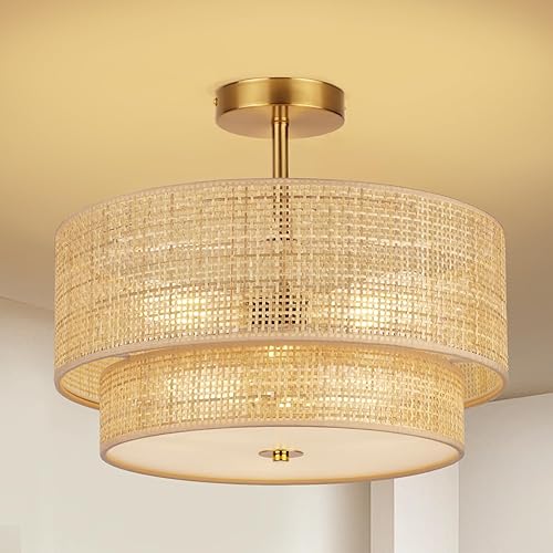 Miniatura 11 de Lámpara de Techo Semiempotrada de 16'', Lámparas Bohemias con Pantalla de Tela Blanca de Tambor de 2 Niveles, Lámpara de Tambor de Ratán de 3 Luces