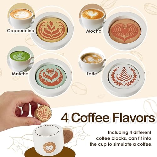 Miniatura 4 de BUYGER Paquete de juguetes de comida rápida con juguete de cafetera, plástico y madera, accesorios de cocina, juego de café, regalos de juguete para