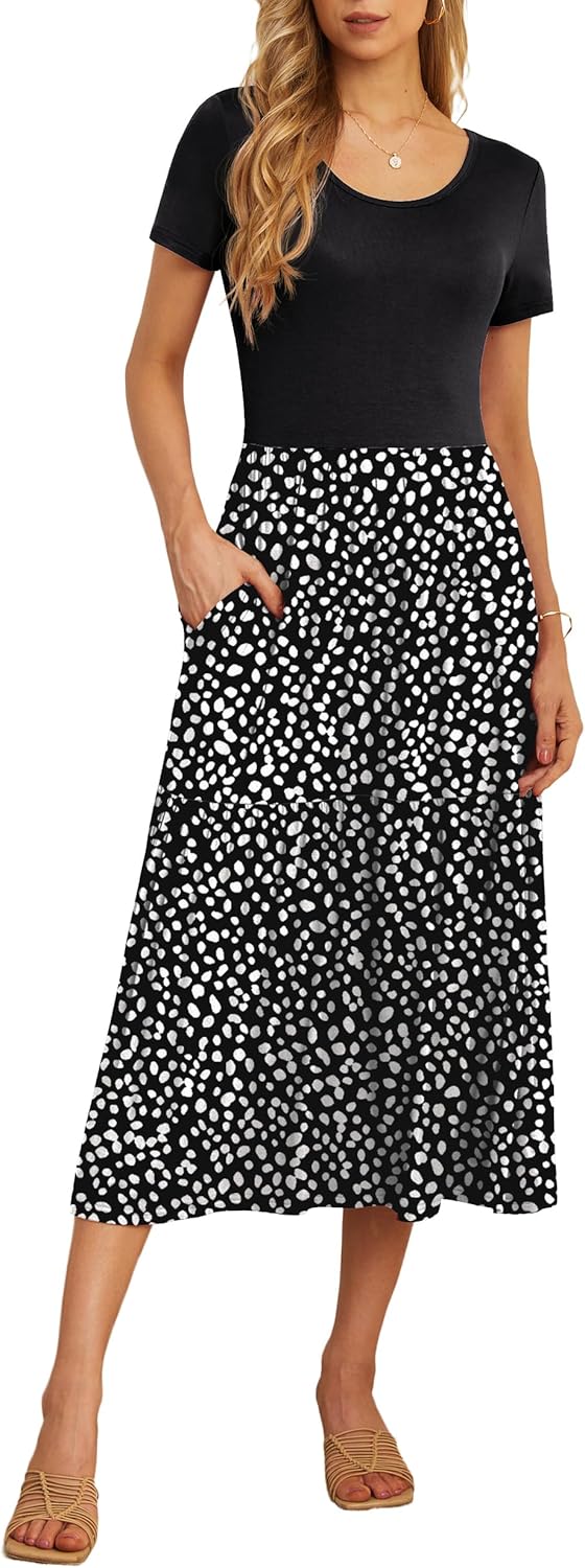 GRECERELLE Women's Summer Casual Short Sleeve Crewneck Tiered Flowy Maxi Long Dress with Pockets (S-2XL)