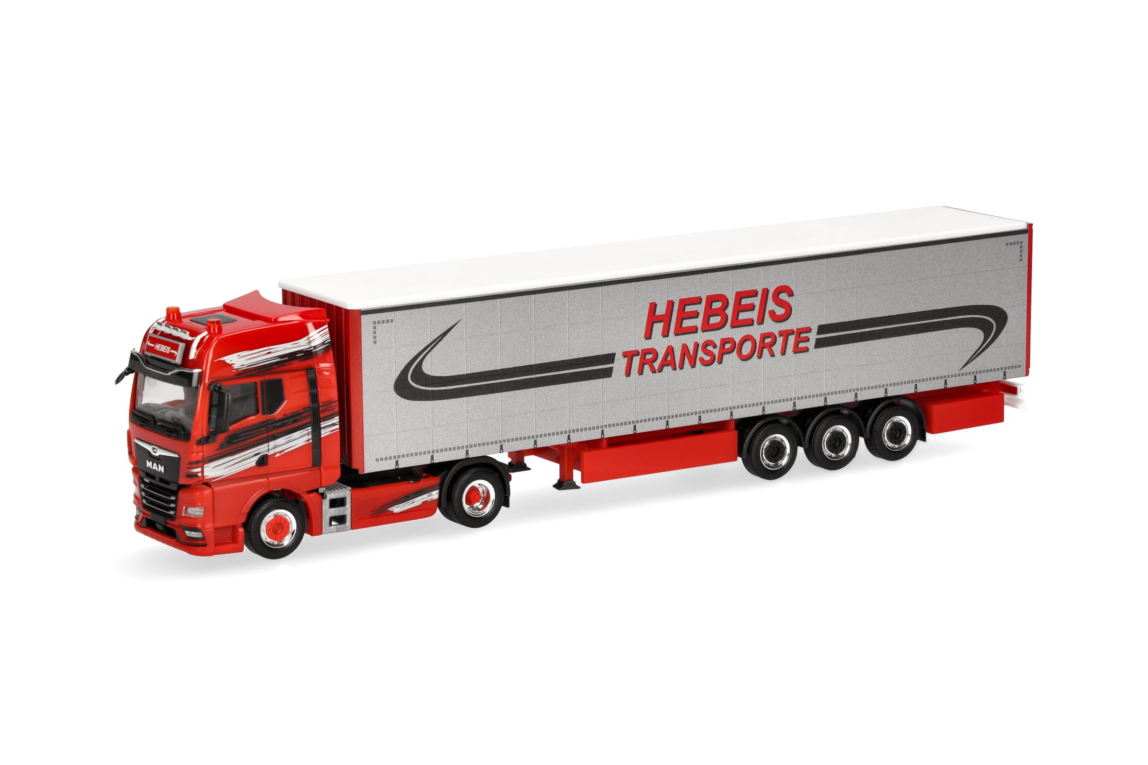 Herpa LKW Modell MAN TGX GX Gardinenplanen-Sattelzug Hebeis Transporte, Miniatur im Maßstab 1:87, Sammlerstück, Made in Germany, Kunststoff