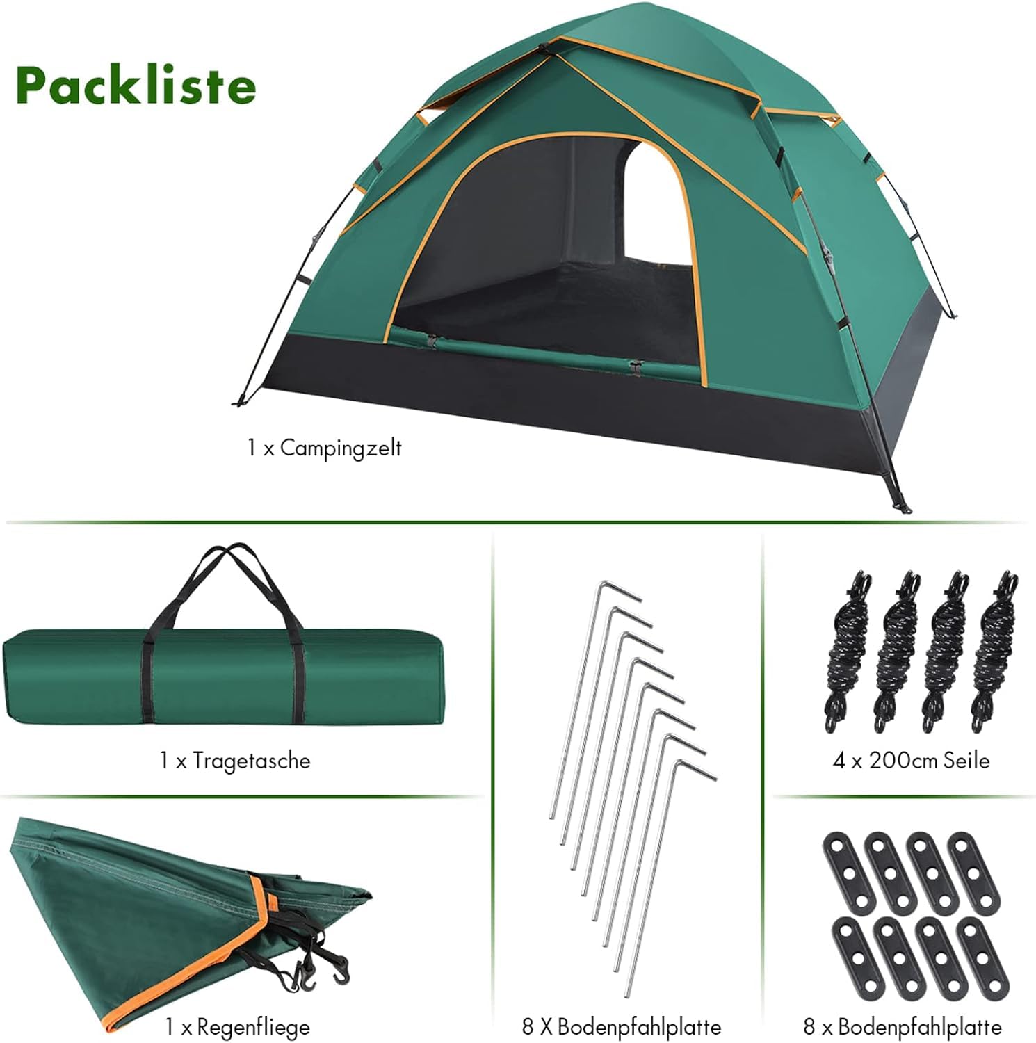 Camping Zelt 2-3 Personen, Automatisches Pop Up Kuppelzelt mit Doppel-Türen, Wasserdicht & Winddicht, 3-4 Saison Zelt Outdoor Zelt für Familie, Trekking und Camping, Waldgrün