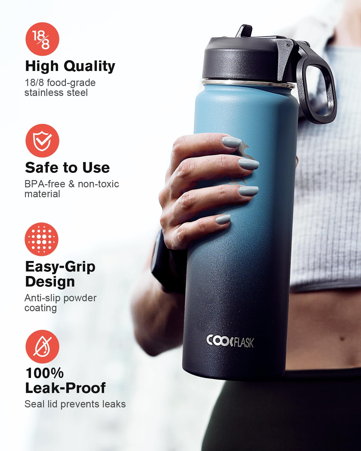 Coolflask Borraccia termica da 590 ml, con cannuccia, in acciaio inox, con 3 coperchi, imboccatura larga, per sport o ufficio, senza BPA, mantiene il freddo fino a 48 ore o caldo fino a 24 ore, colore