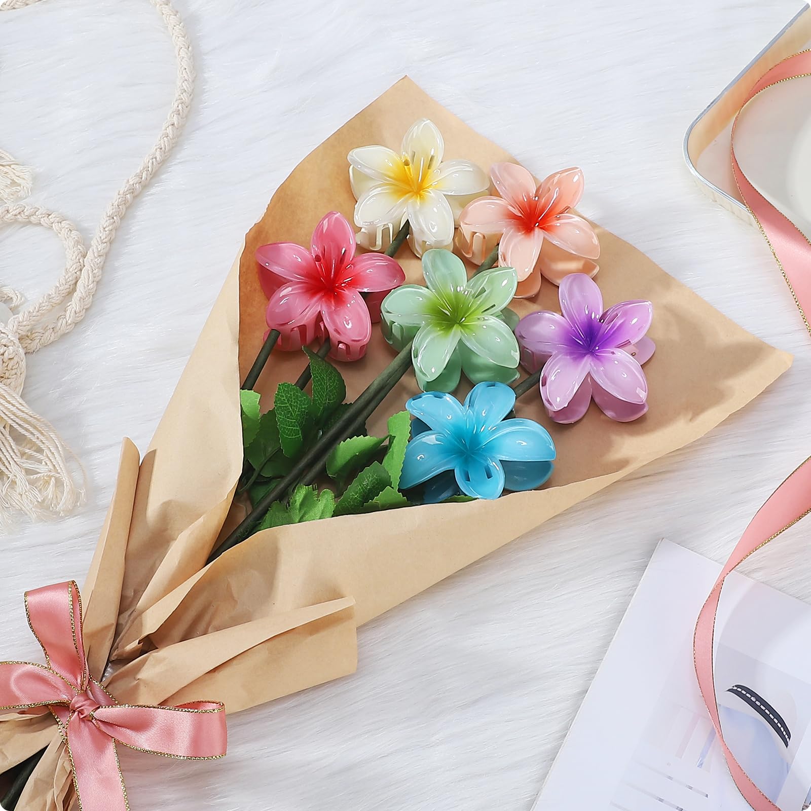 CHANDAT Flower Hair Clips 6 PCS Hawaiian Claw Clips for Vacation Hibiscus Hair Claw Clips Cute Large Hair Clips for Thick and Thin Hair Plumeria Hair Accessories for Women Girls -Hawai