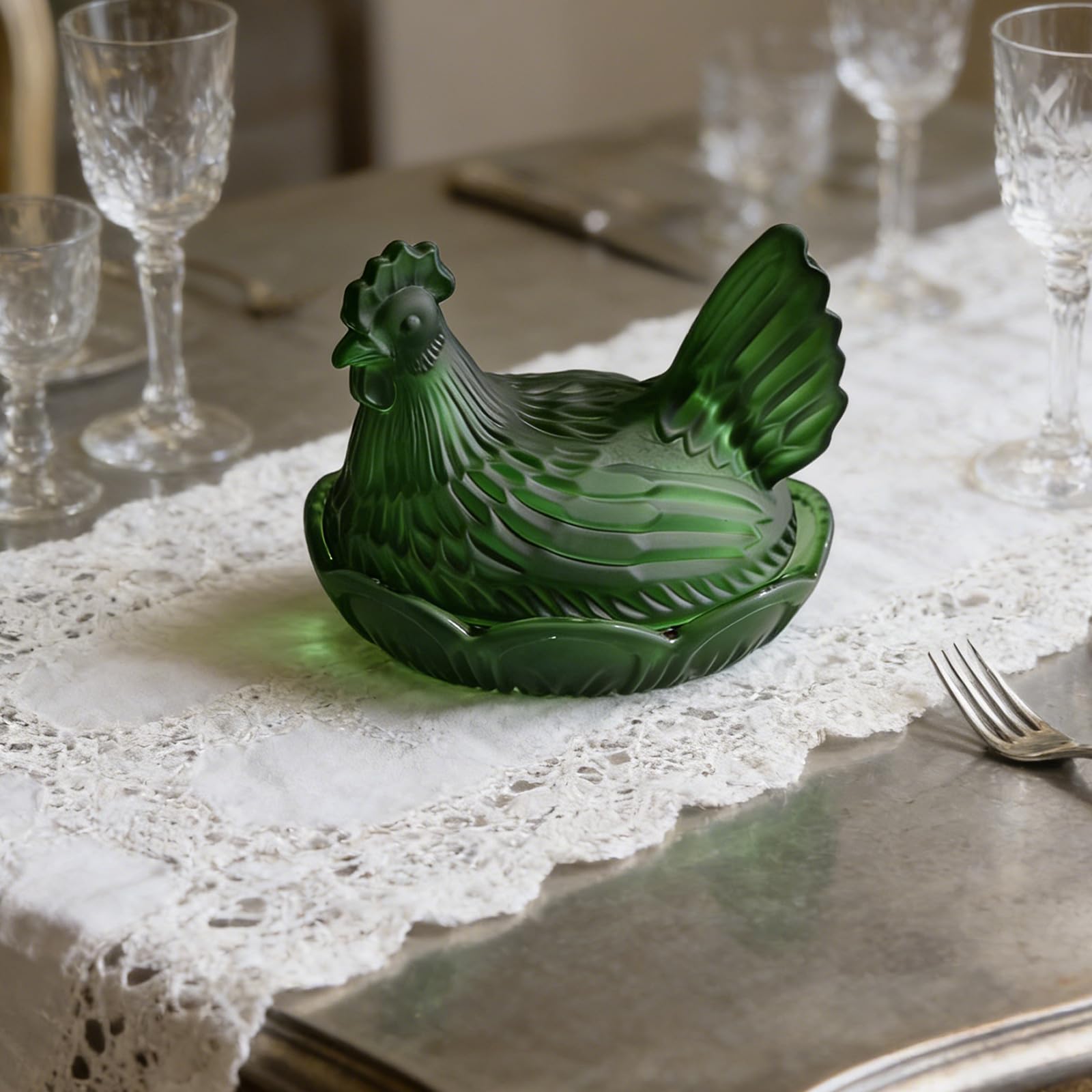 Vasos de cristal, forma de pollo, cuenco de dulces, cuenco retro para caramelos con tapa, plato de postre, cuenco para aperitivos, adorno para decoración del hogar, cubierto