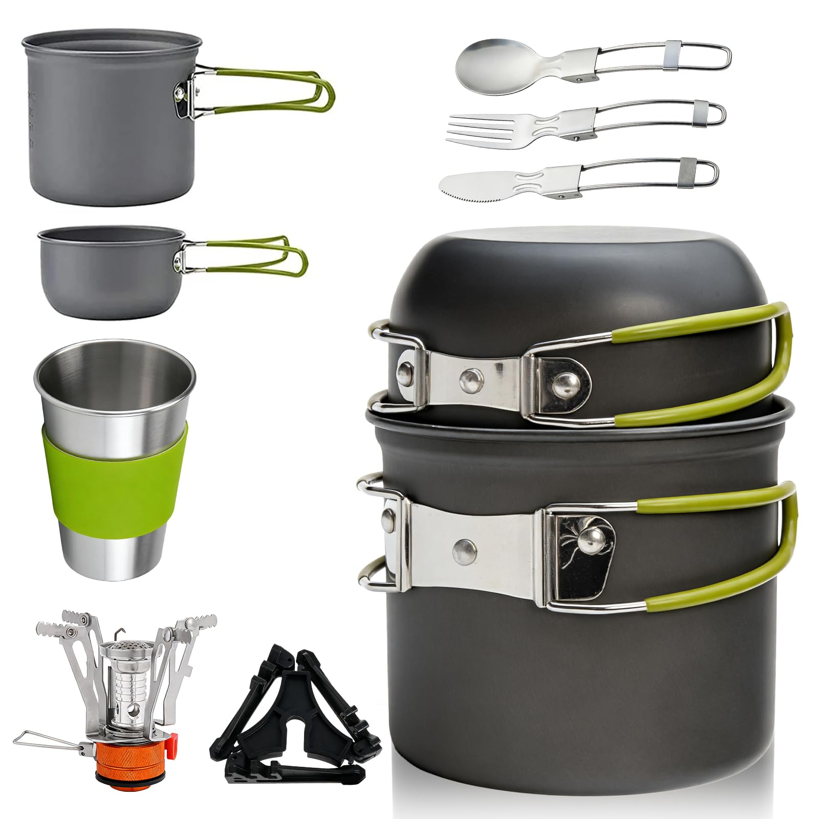 Set di stoviglie da campeggio, set di posate da campeggio, versatile da campeggio, in alluminio, con manici pieghevoli e mini fornello per backpacking, picnic, escursionismo