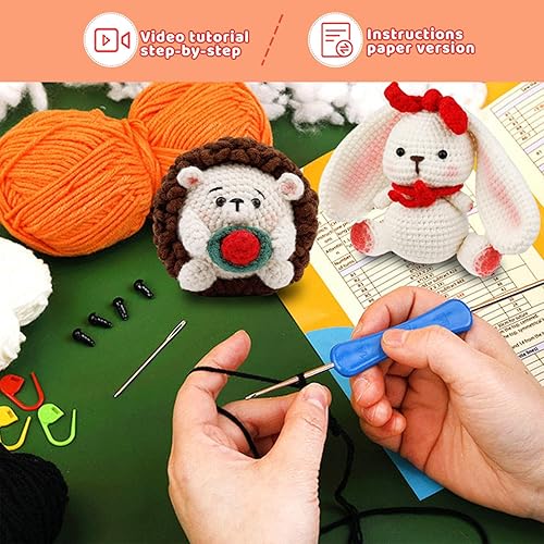 Miniatura 4 de Eugioove Kit de ganchillo para principiantes, 3 patrones de animales zorro, erizo, conejo, kit de tejido para adultos y niños con tutoriales en