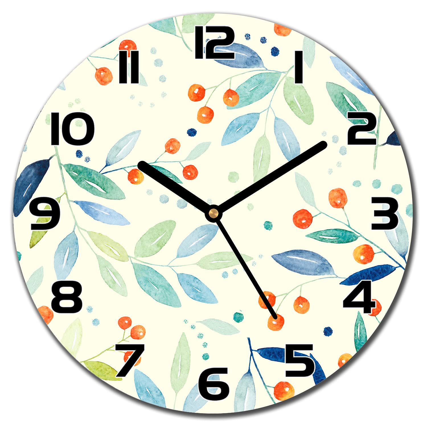 Horloge en verre cuisine salon moderne avec motif floral frêne de montagne diamètre 30 cm