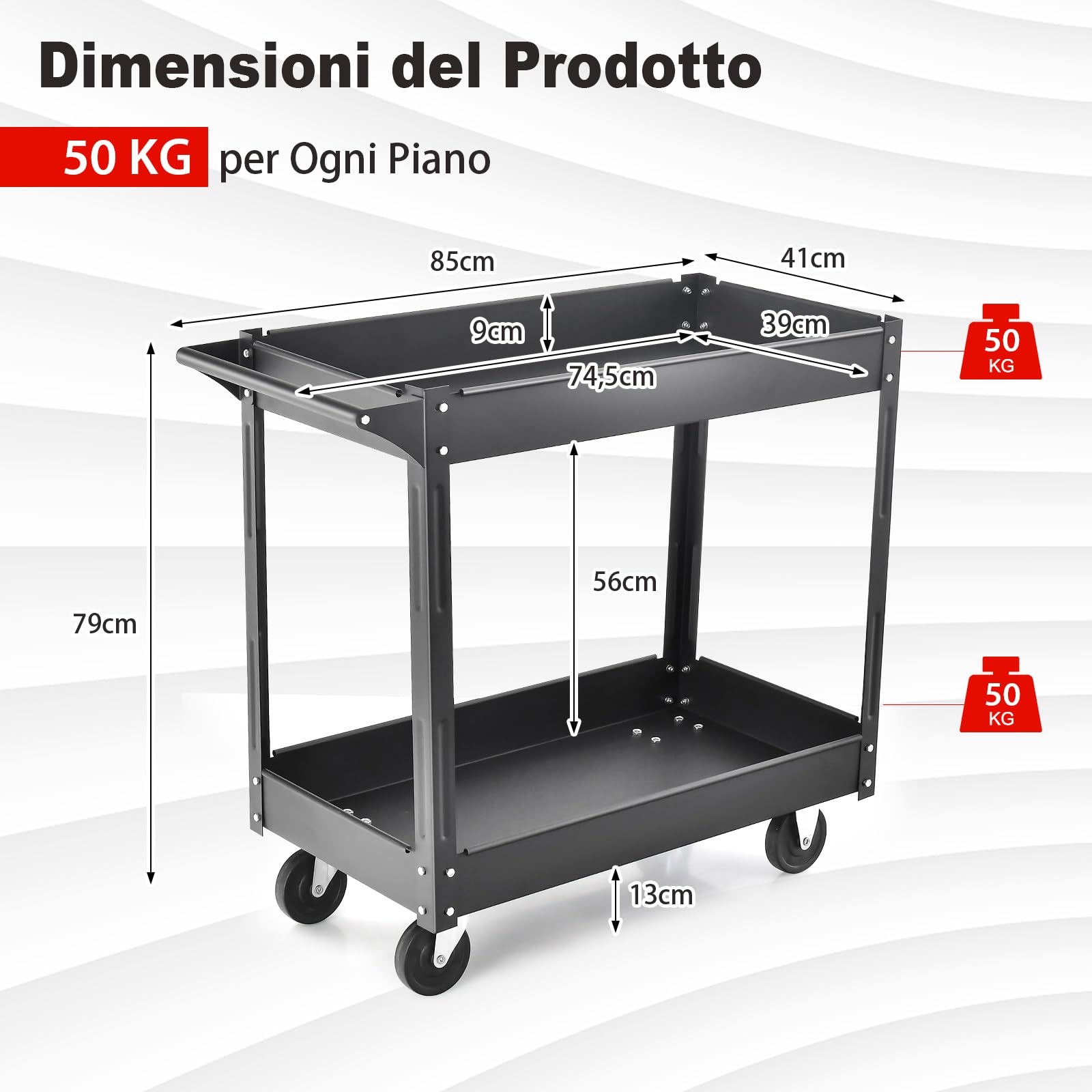 GYMAX Carrello Portaoggetti a 2 Livelli, Carrello Portautensili in Metallo Robusto con 4 Ruote Lisce, Carrello di Servizio con Maniglia Ergonomica, per Garage, Magazzino, Cucina, Nero/Rosso (Nero)