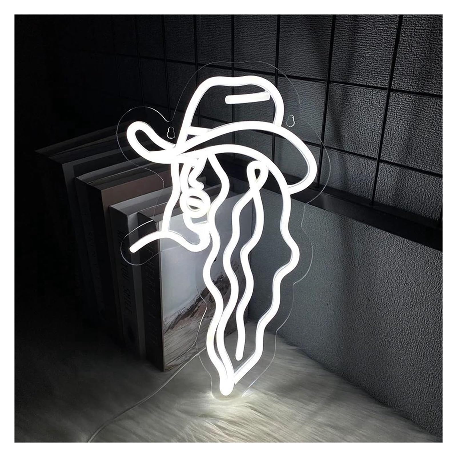 LEMST Signs Lamp Long Hair Beauty Neon Sign White Hat Light Dimmable USB Powered for Business Salon Studio Beauty Salon Art Decor 23cmx40cm