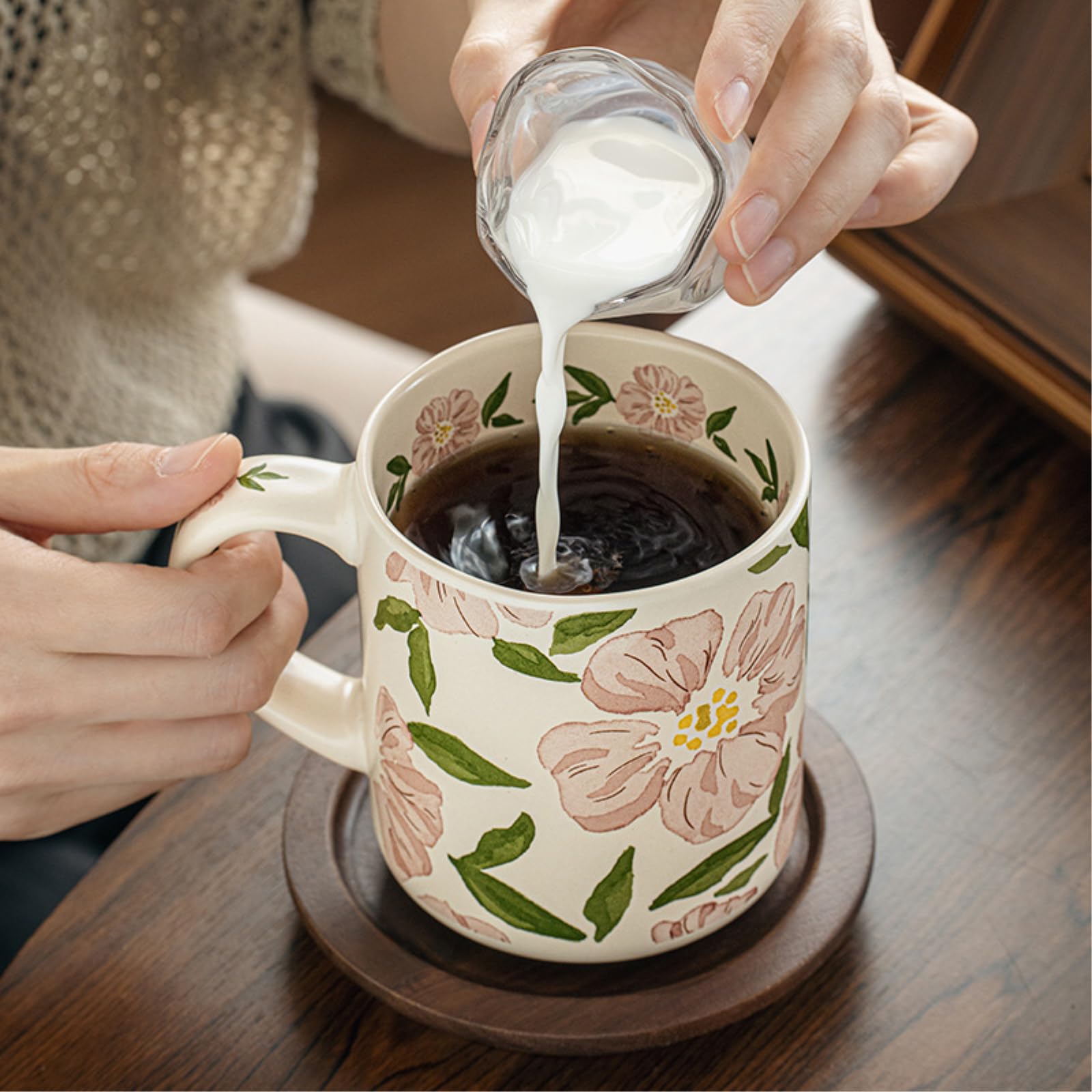 Taza de cerámica de flores onduladas de 500 ml, taza de café para el hogar, orquídea de lluvia
