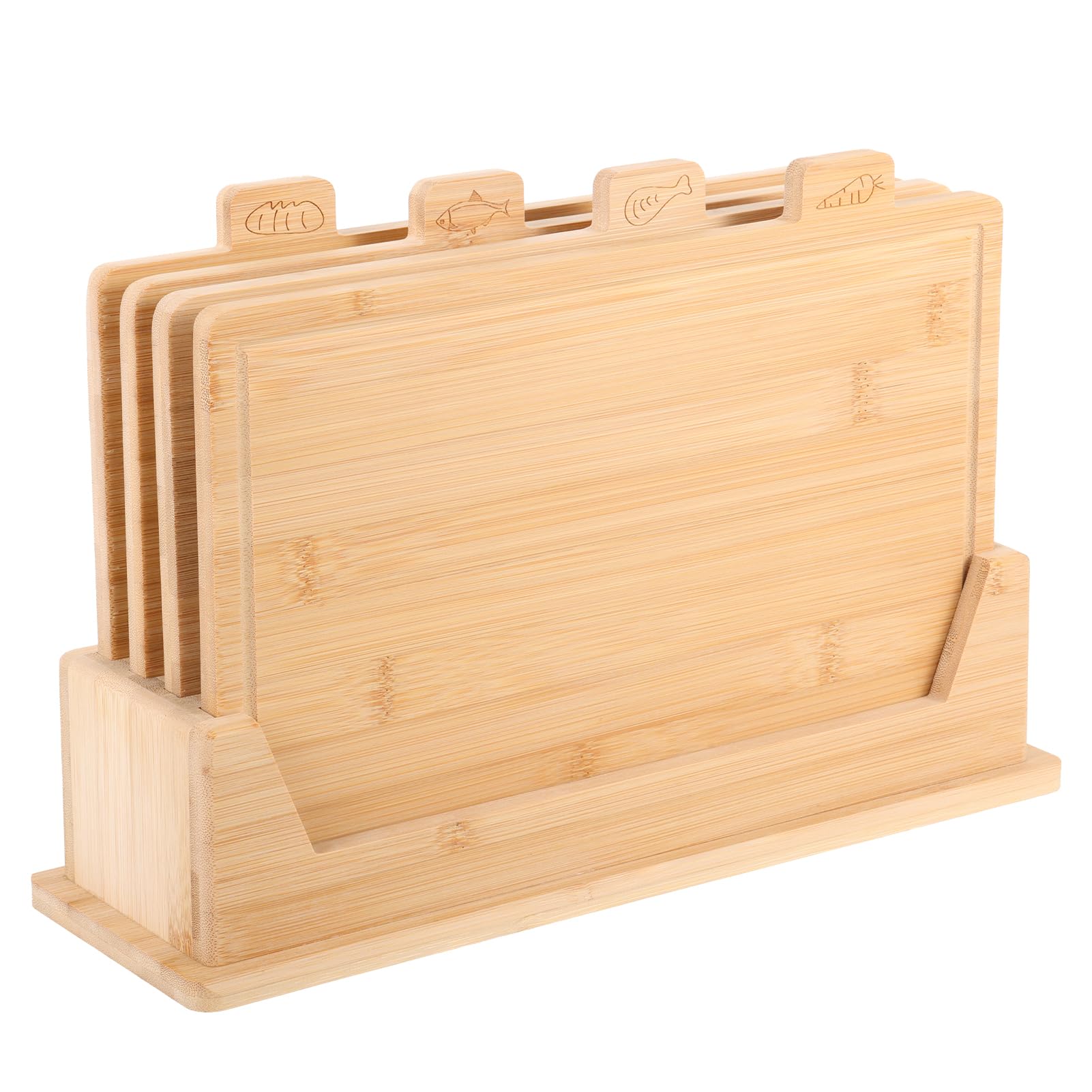 Juego de 4 tablas de cortar de bambú de 32 x 22 cm, juego de tablas de cortar de madera con soporte, juego de tablas de cortar con iconos de alimentos, ranura para jugo, ideal para carne, pescado, pan