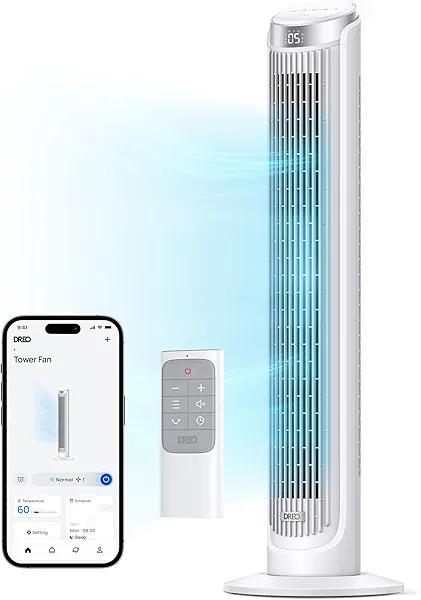 Dreo Smart Tower Fan for Bedroom, Standing Fans for Indoors, 90° Oscillating, 26ft/s Velocity Quiet Floor Fan with Remote, 12H Timer, Voice Control Fans for Indoors, Compatible with Alexa Wh