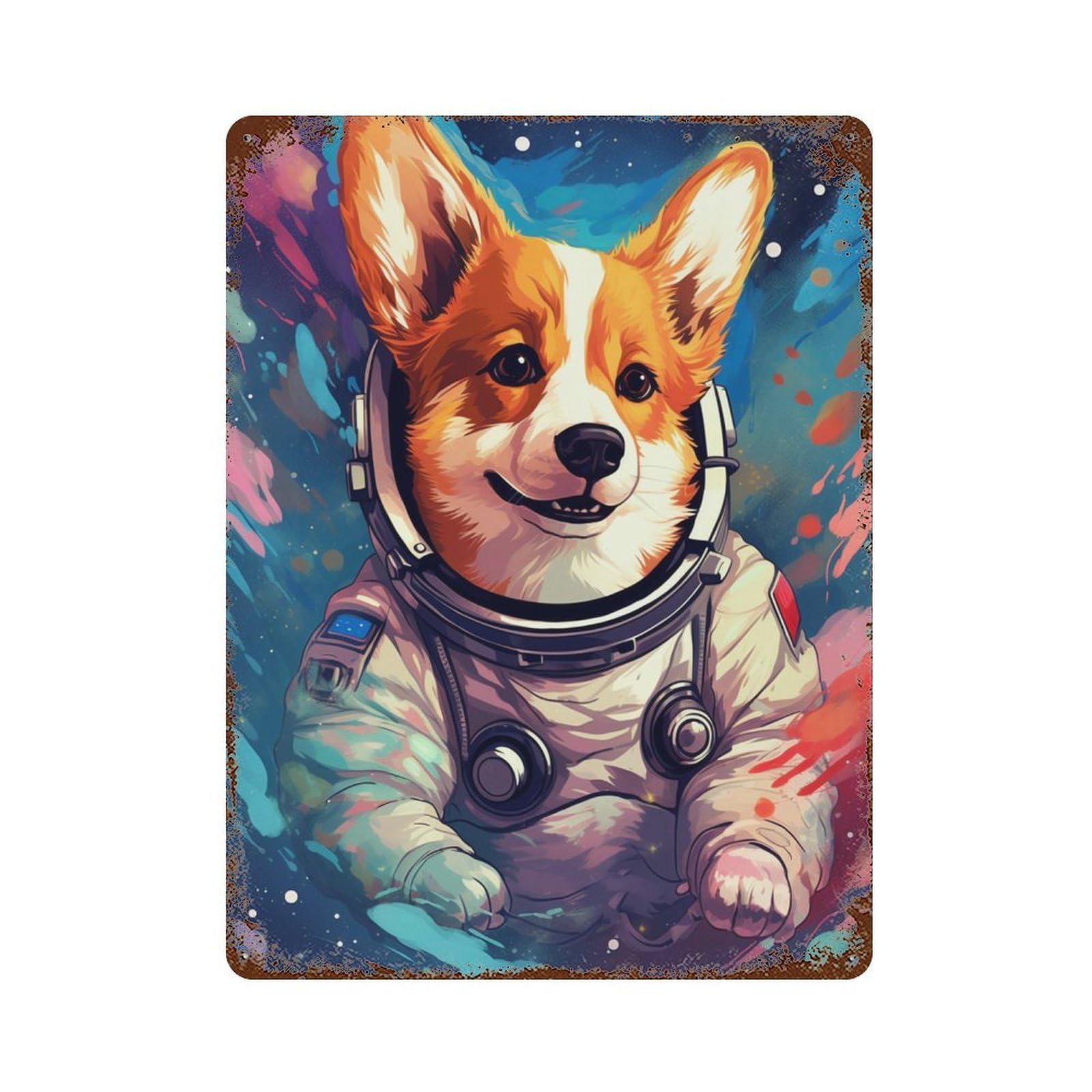 Corgi Astronaut in Space -3 Aged Metal Wall Plaque 15.7"x11.8", for Basement, Hobby Room And Garage Decor, Rustic Home Decor