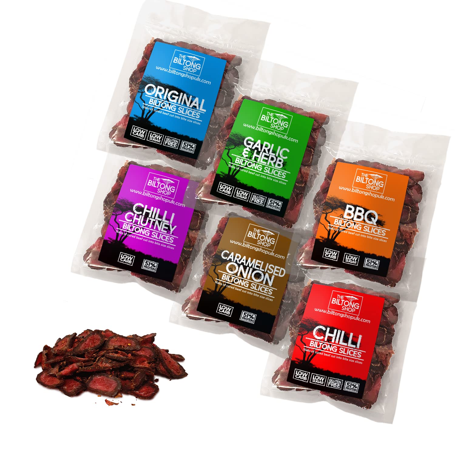 6 x 58g Bags Ultimate Slices Selection British Beef Biltong Slices. High Protein Savoury Low Carb Snack