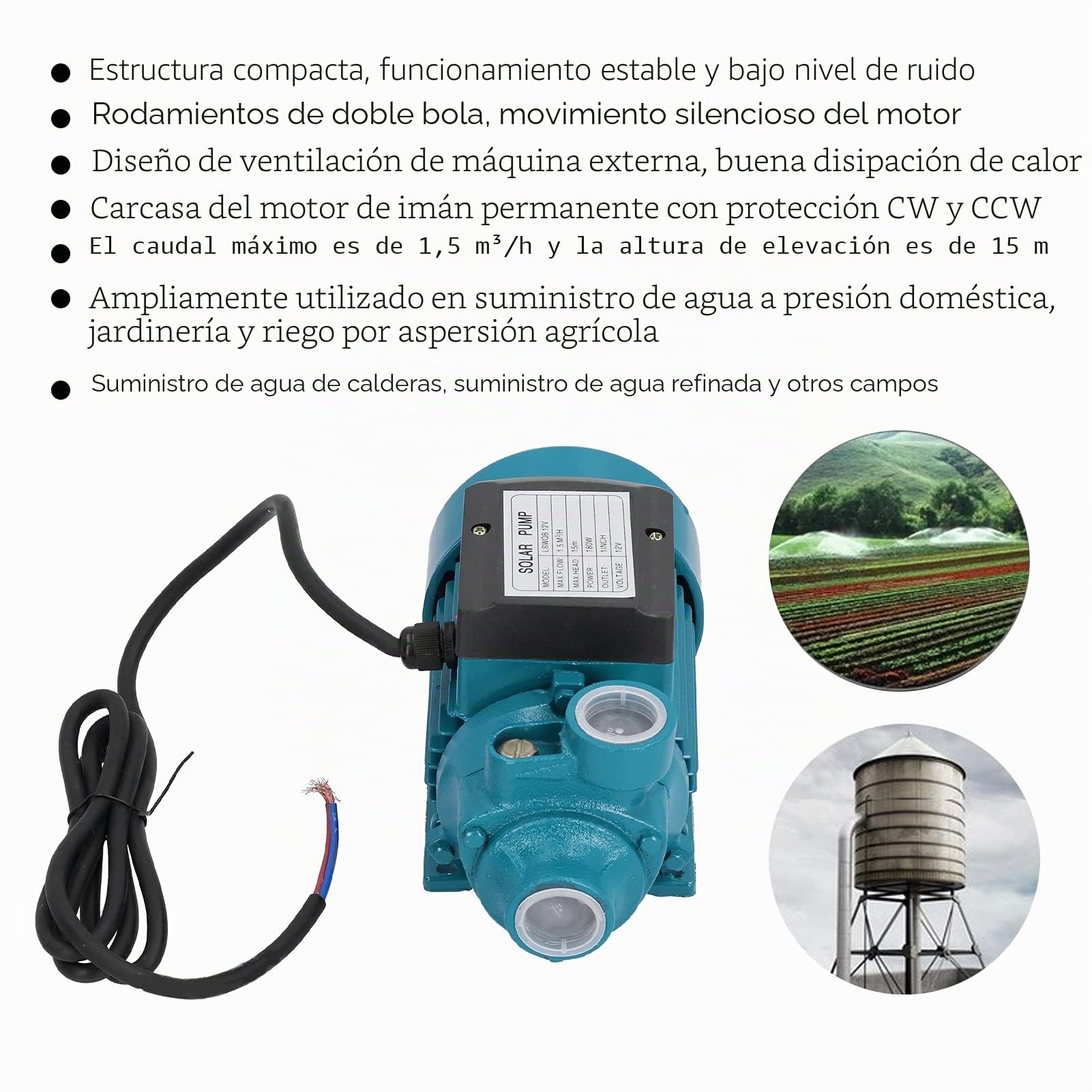 Bomba de agua, LSWQB-12V 180W DC12V 1.5m³ / H Motor impulsor unipolar Herramienta de riego de succión única horizontal, para suministro de agua presurizada en el hogar