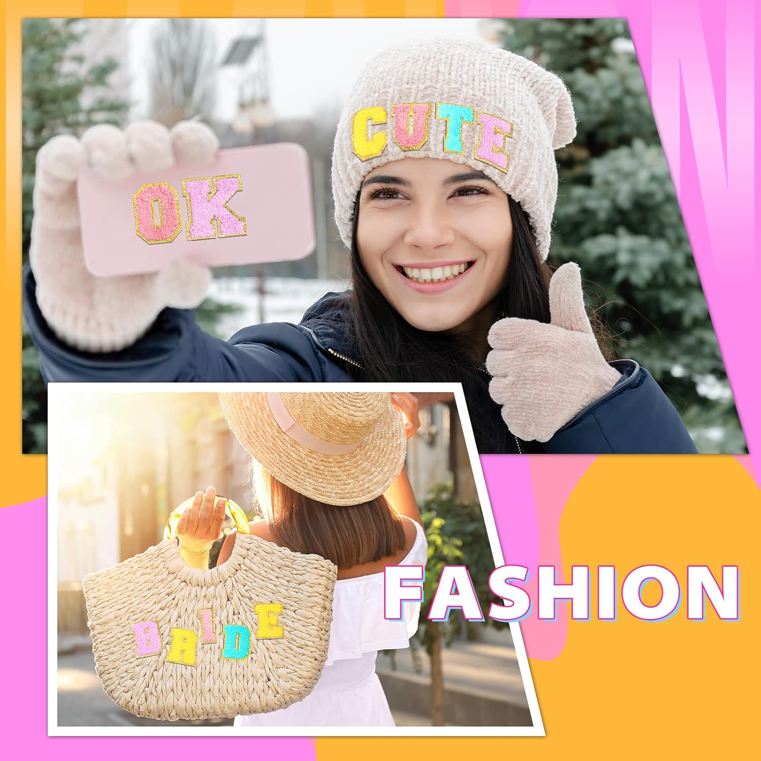 Jutom 104 Pcs Self Adhesive Chenille Iron on Letter Patches Letter Chenille Stick on Embroidered Patch for Clothing Jackets Backpacks Hats(Classic,Purple, Sky Blue, Pink, Yellow)