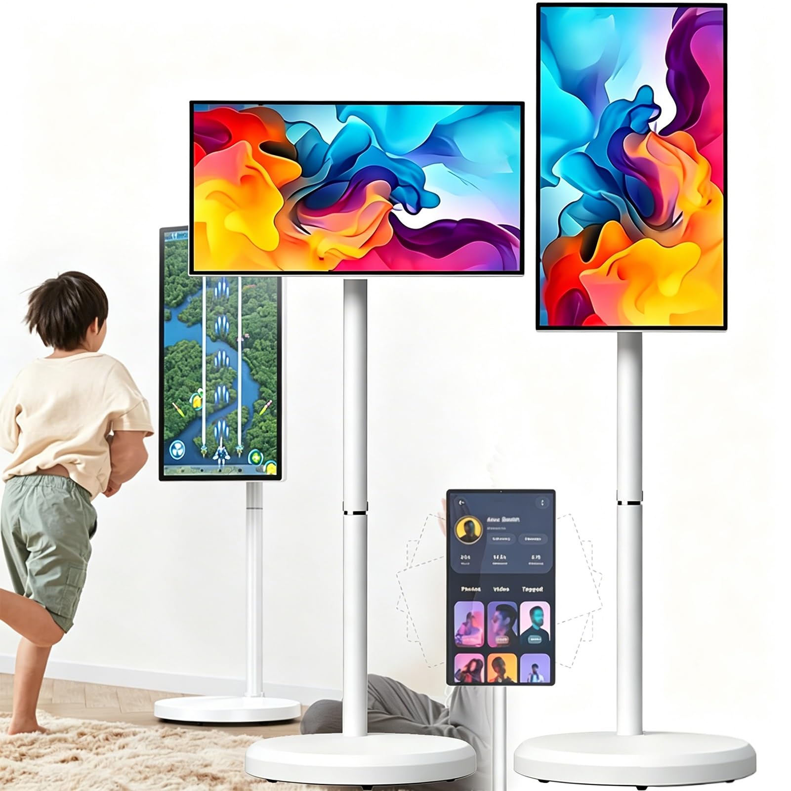 21,5 Pollici Smart TV Portatile con Piedistallo e Monitor Touch,Supporto TV con Ruote,Display All-In-One con Inclinazione e Rotazione,Batteria Integrata 5 Ore per Soggiorno,Camera Letto,Ufficio
