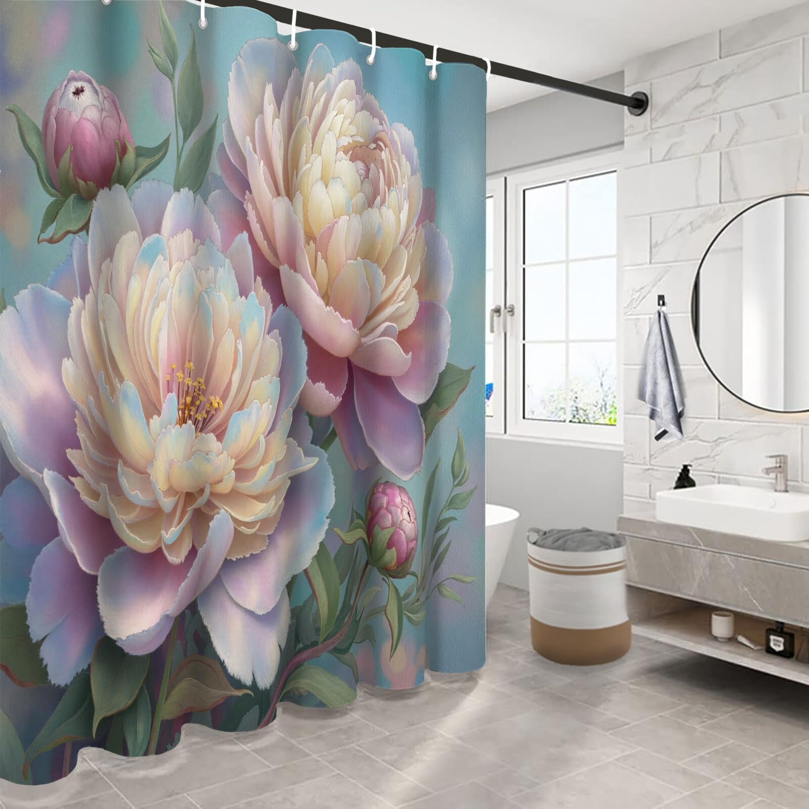 Rideau Douche,Rideau Baignoire Lavable en Machine Rideaux Douche Tissus Lavable Rideau De Baignoire Lavable pour Salle De Bain Domicile Baignoire Famille,Pivoines,