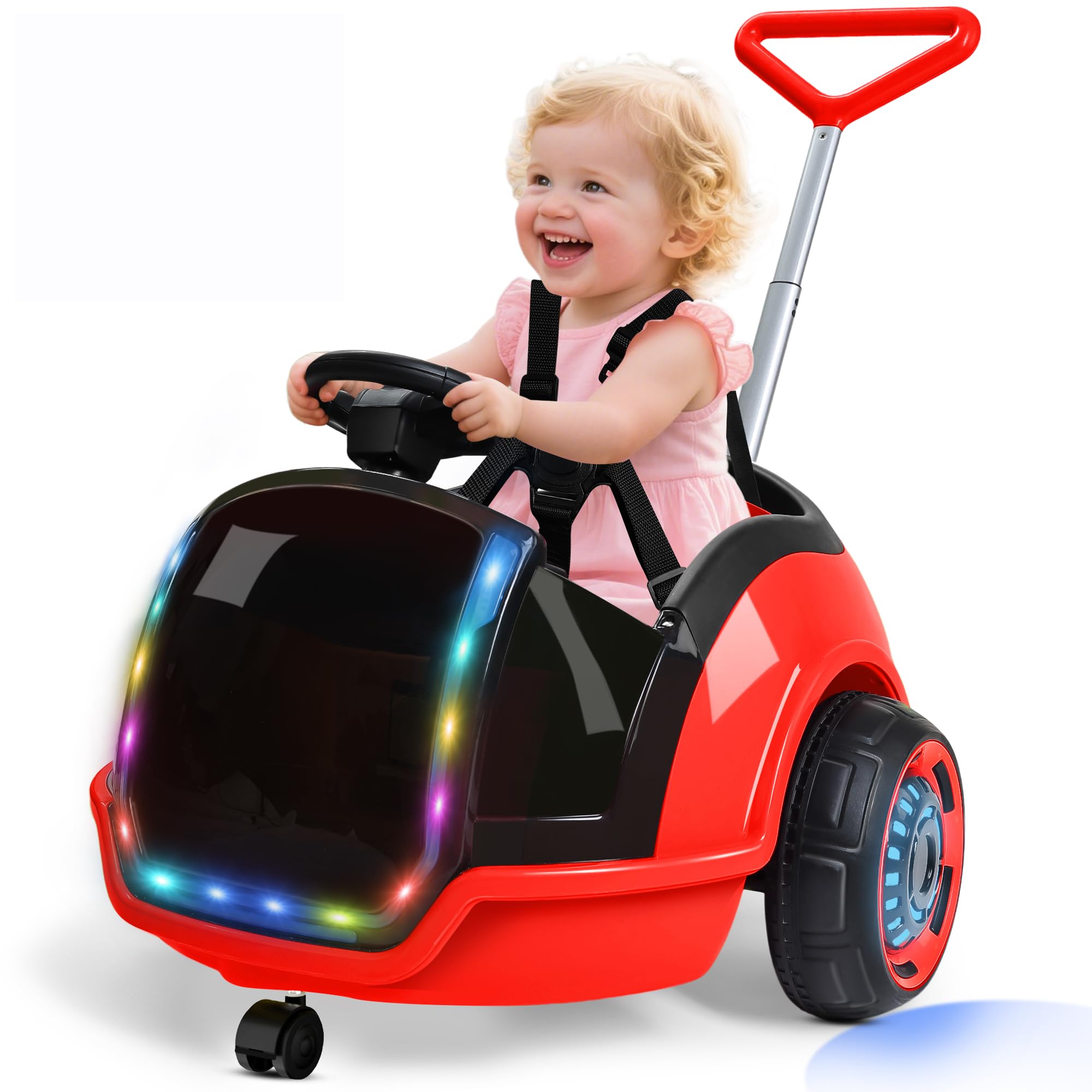 ANPABO 3-in-1 Electric Push Ride On Car, 12V Kids Ride On Toy w/Remote Control, 360° Spin, 5-Point Safety Belt, Colorful LED Light, Music Player, Push Car for Toddler Ages 1-3 (Pink) — view 7