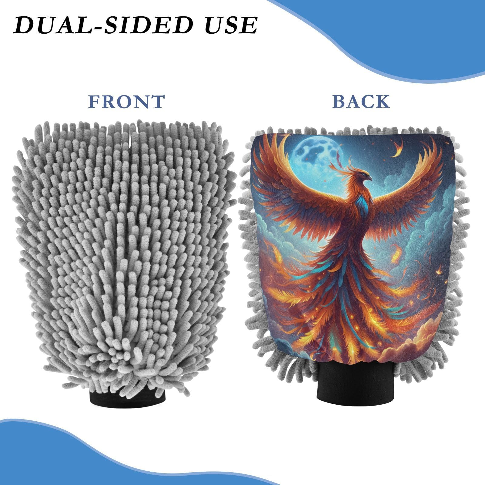 STAYTOP Beautiful Phoenix of Fire Car Wash Mitt Microfiber, 2Pcs Scratch Free Lint-Free, Premium Chenille Microfiber Mitt Car Wash Brush-L
