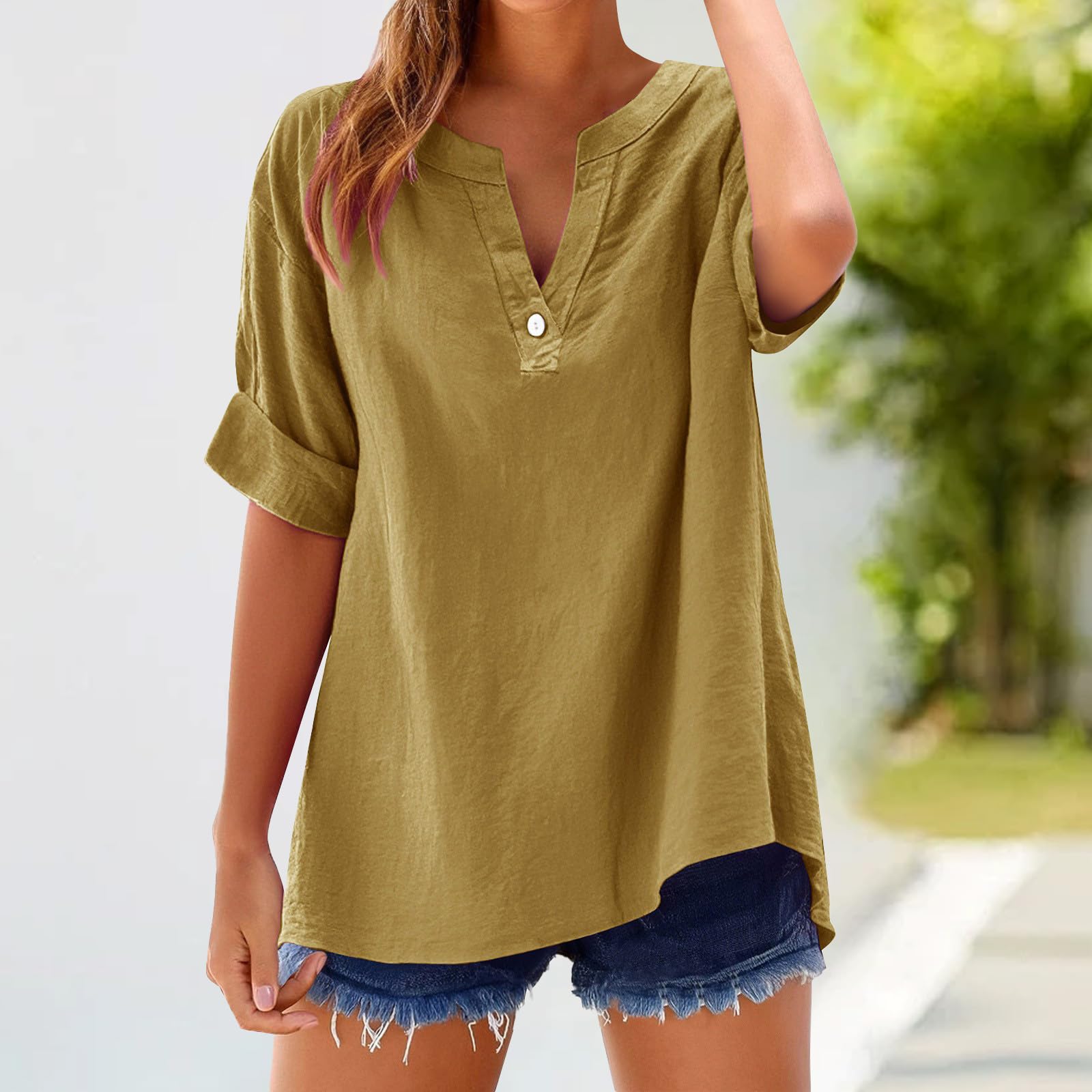 Linen Shirts for Women Trendy Roll Up Short Sleeve Tshirts Button Down Henley Shirts Cute Solid Summer Beach Tee Tops Yellow