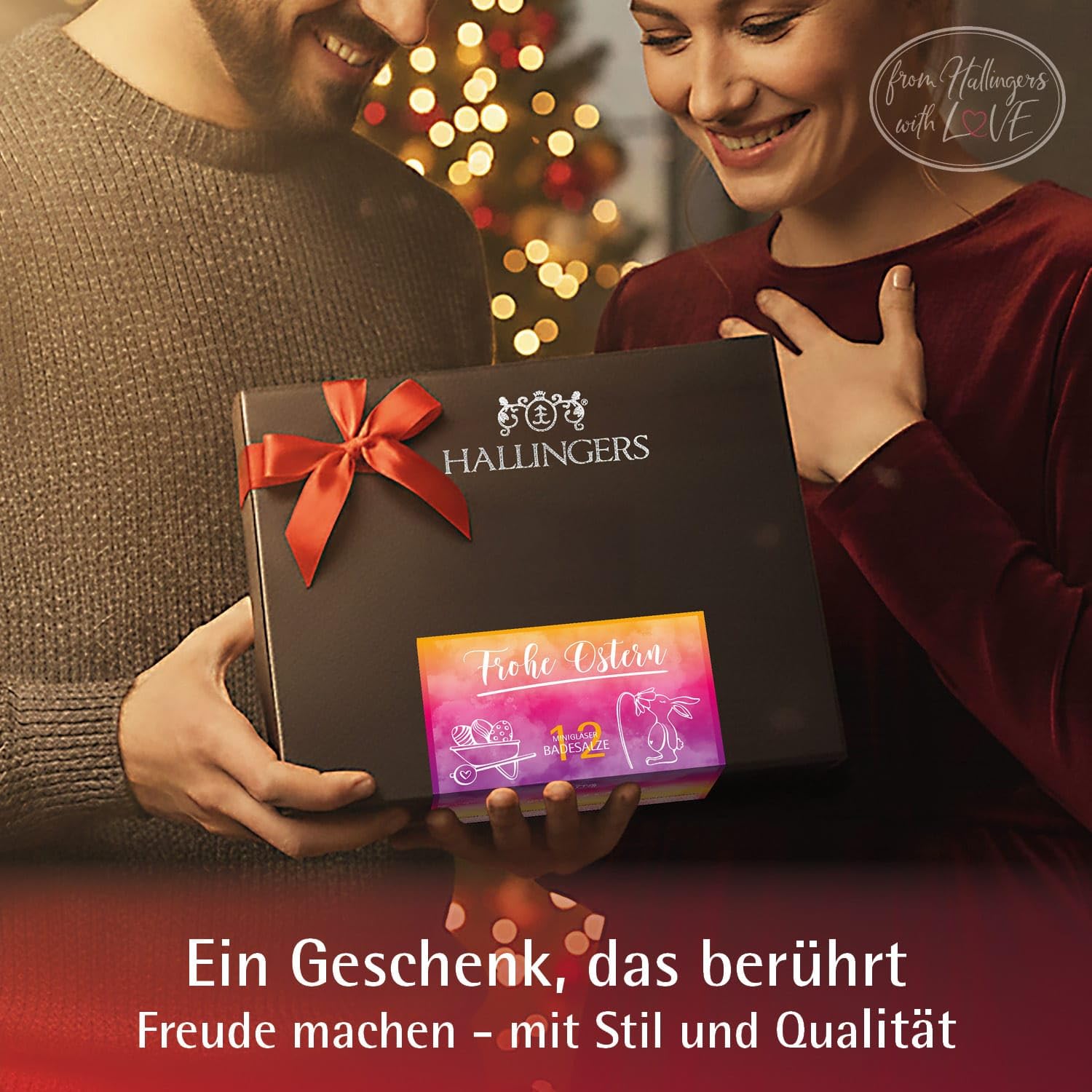Hallingers Genuss Manufaktur Badesalze Oster-Geschenk-Set - 12x Badezusatz mit Totes Meer Badesalz edle Geschenkbox, Badekristalle Fußbad & Spa "Frohe Ostern - ...", Ostern Körbchen für Frauen Mädchen