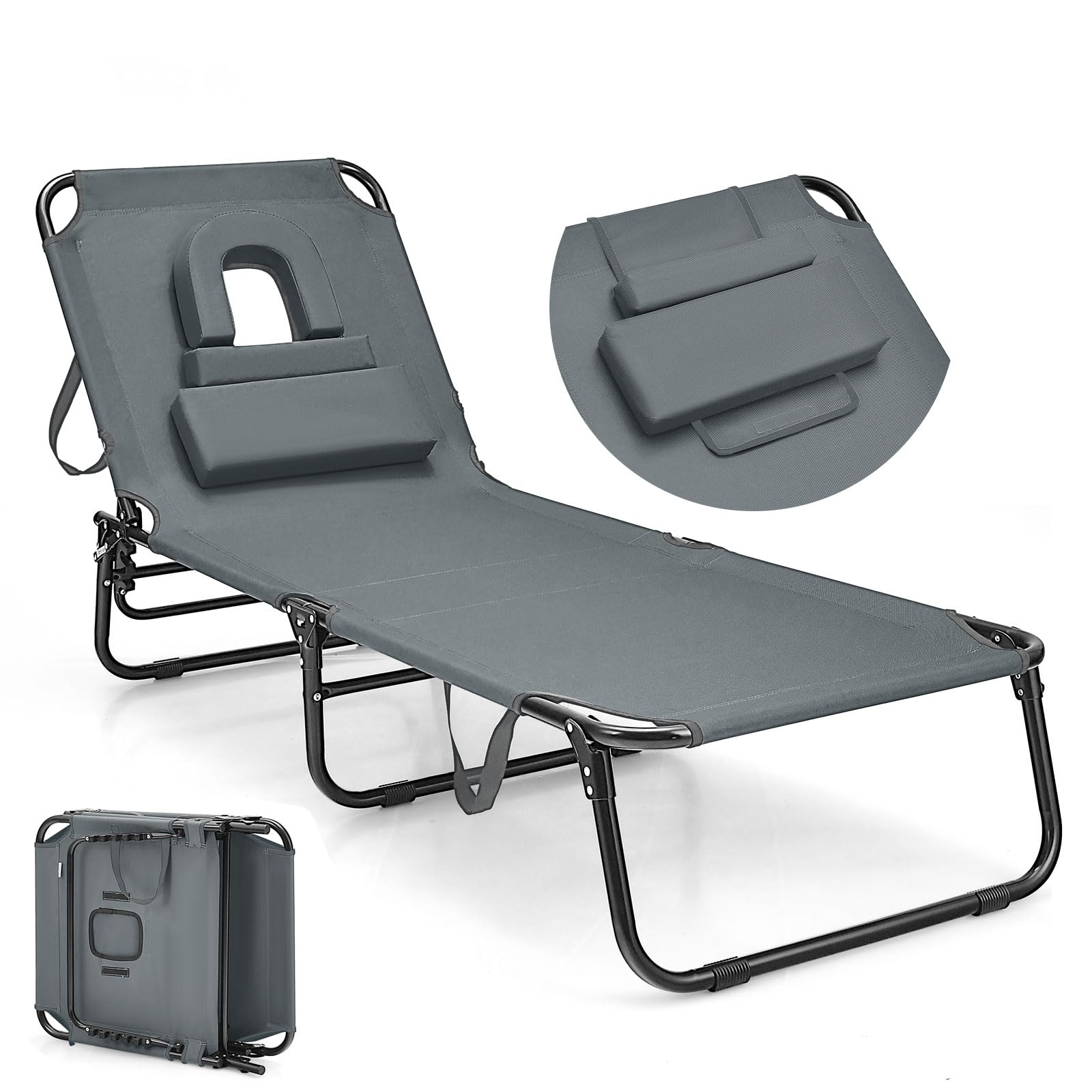 GOPLUS Chaise Longue Pliante Inclinable à 4 Positions Réglables, Transat Jardin Extérieur avec Oreiller Détachable, Lit de Camping, pour Terrasse/Plage 189X59X40CM (1, Gris, 73x63x16CM)