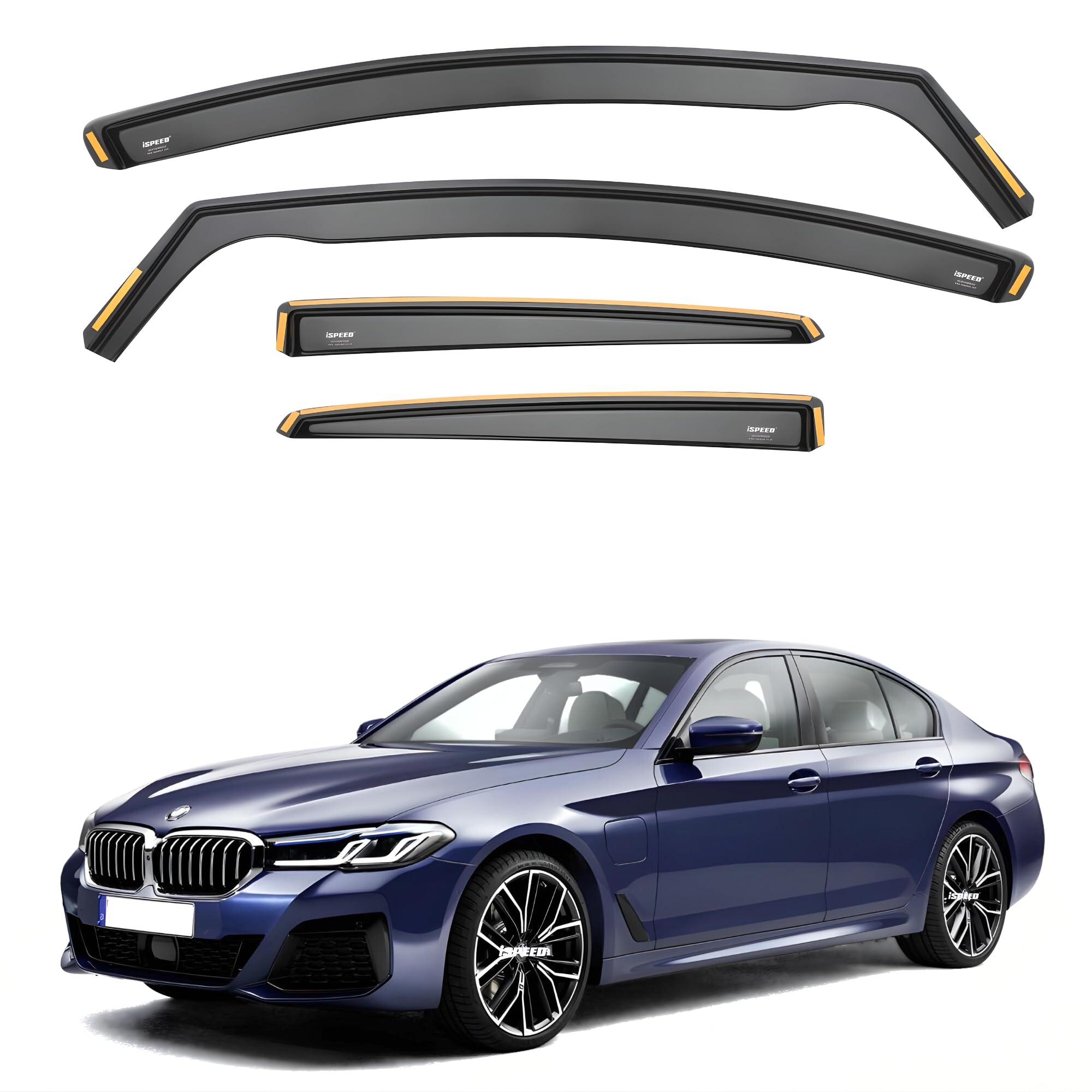 iSpeed Premium Wind Deflectors for BMW 5 series G30 4-door Saloon 2017-onwards 4-pc - Keep Your Car Ventilated in Rain - Reduce Wind Turbulence - Tinted, In-Channel Type - BMW G30 Accessories